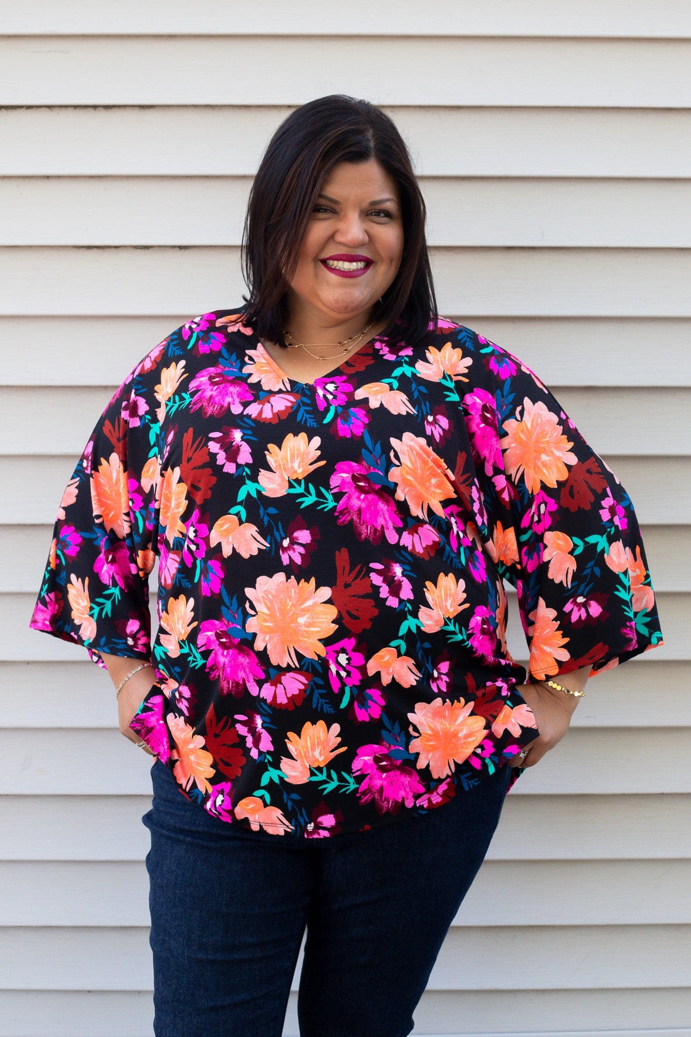 Black w/Vibrant Floral Vneck Top