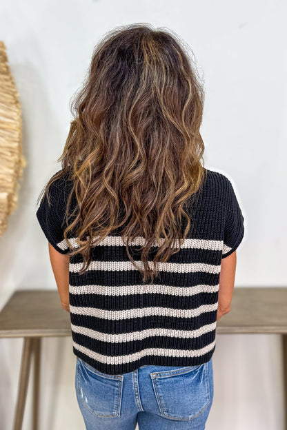 Black Stripe Short Sleeve Sweater back