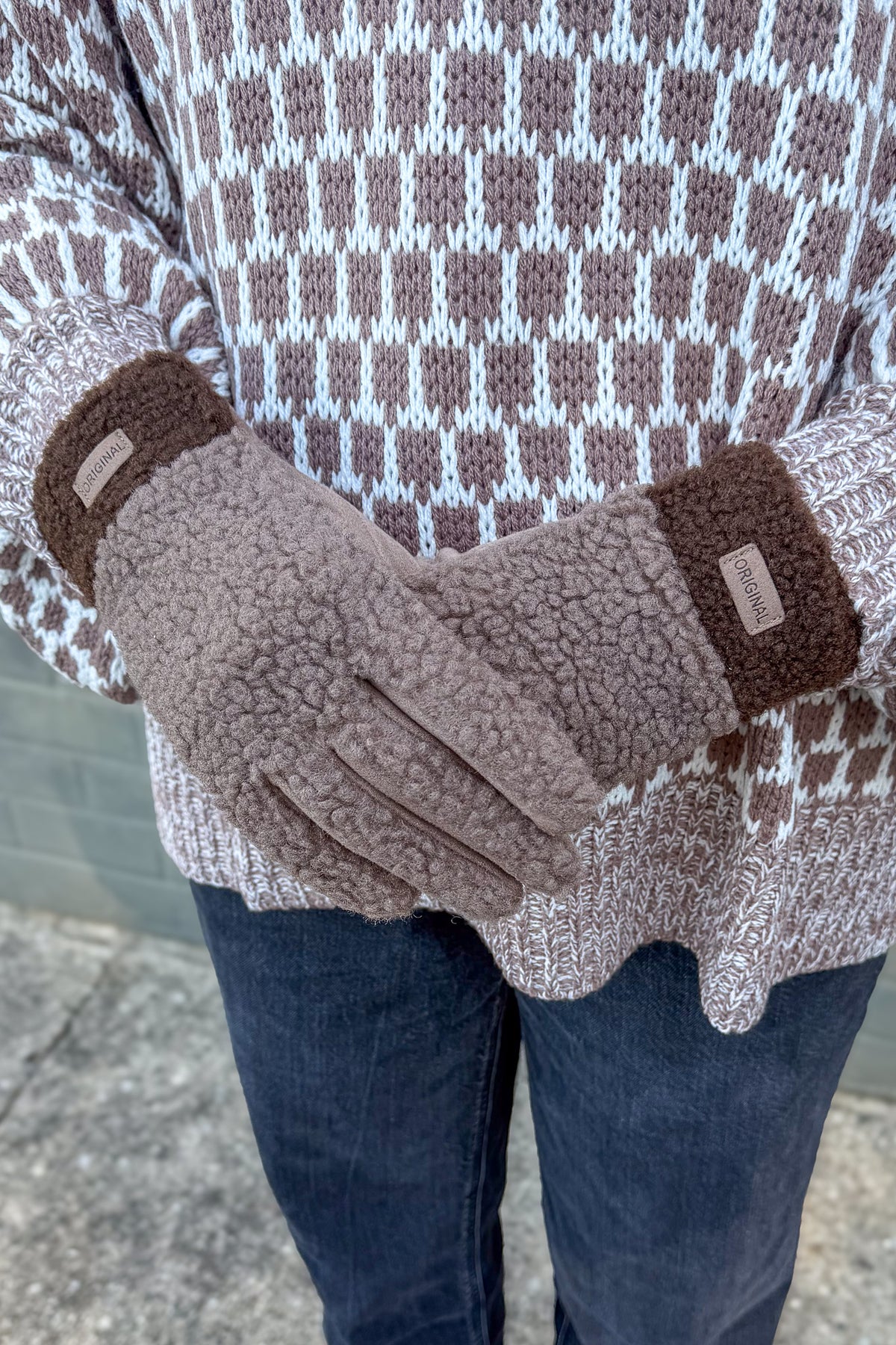 Khaki Rustic Contrast Cuff Bouclé Gloves