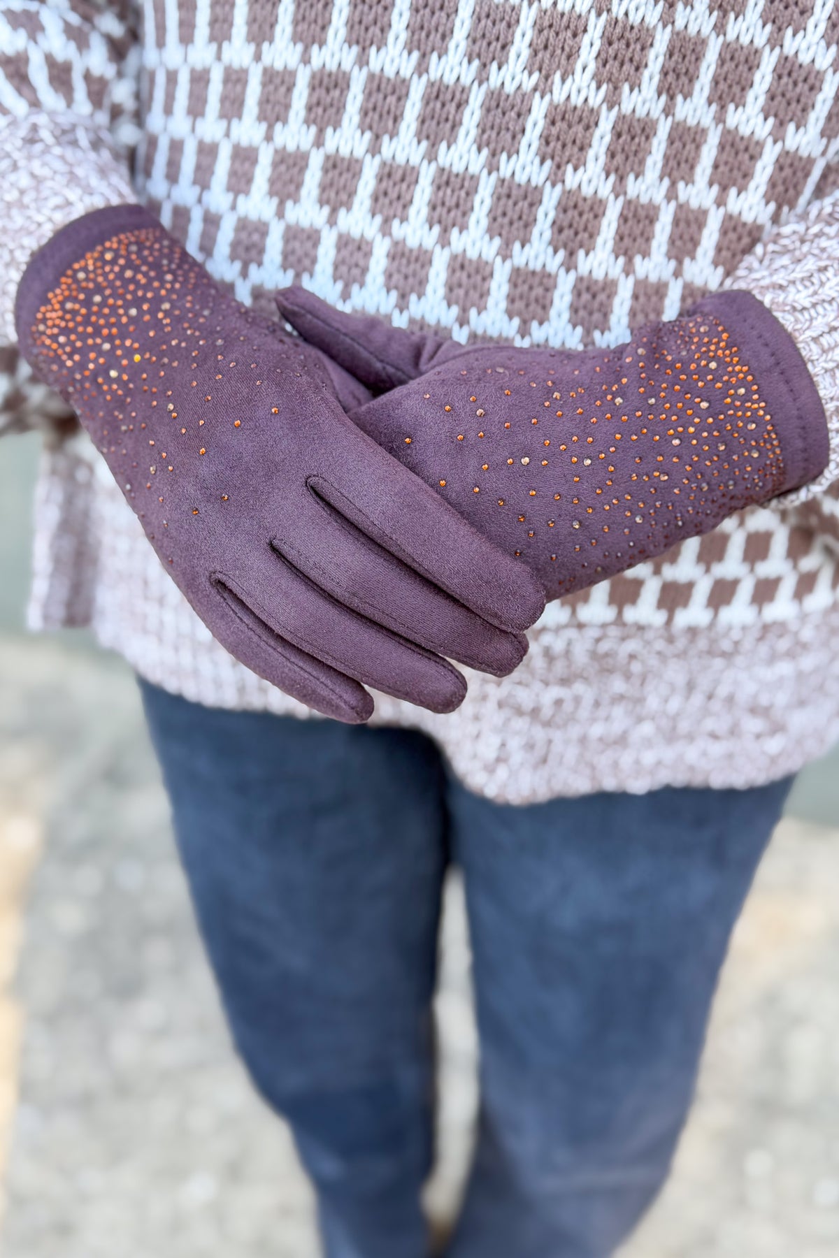 Brown Quiet Luxe Rhinestone Faux Suede Gloves