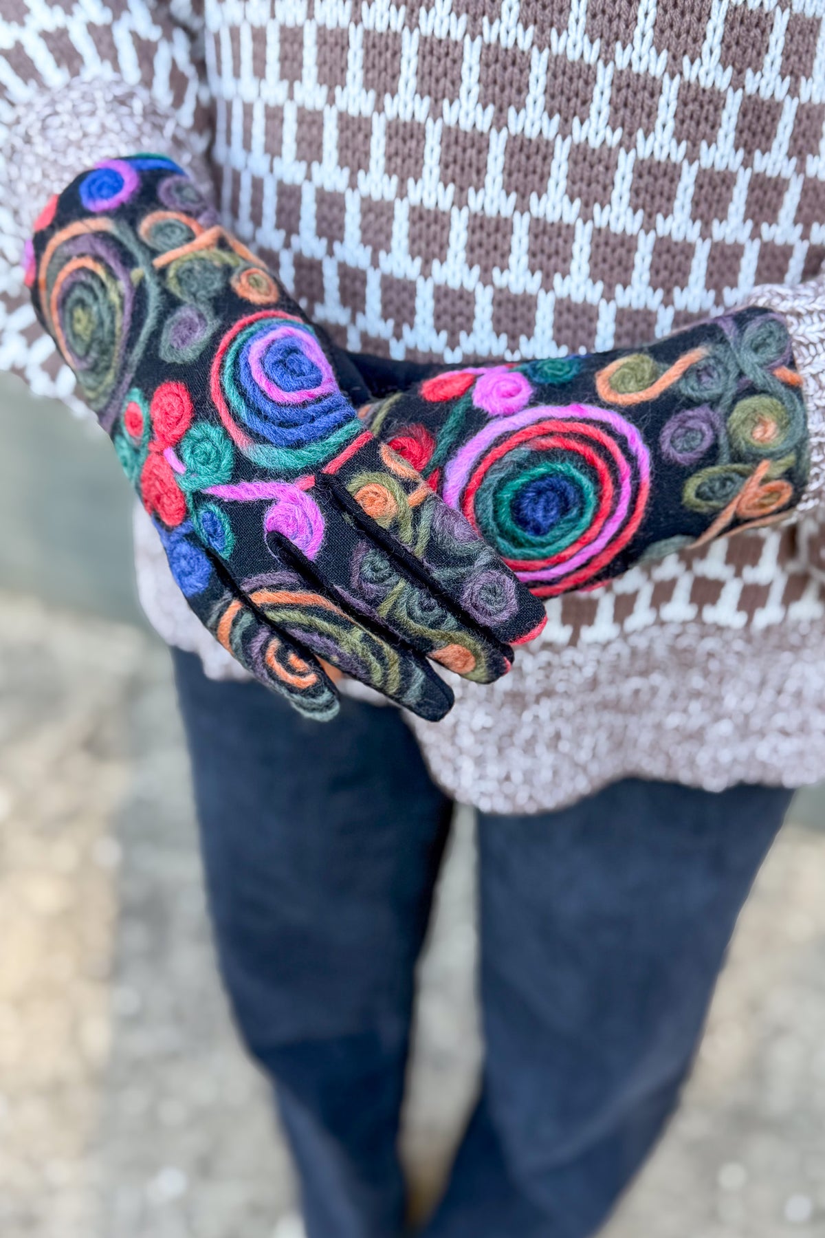 Black & Multi Colorful Yarn Embroidered Gloves