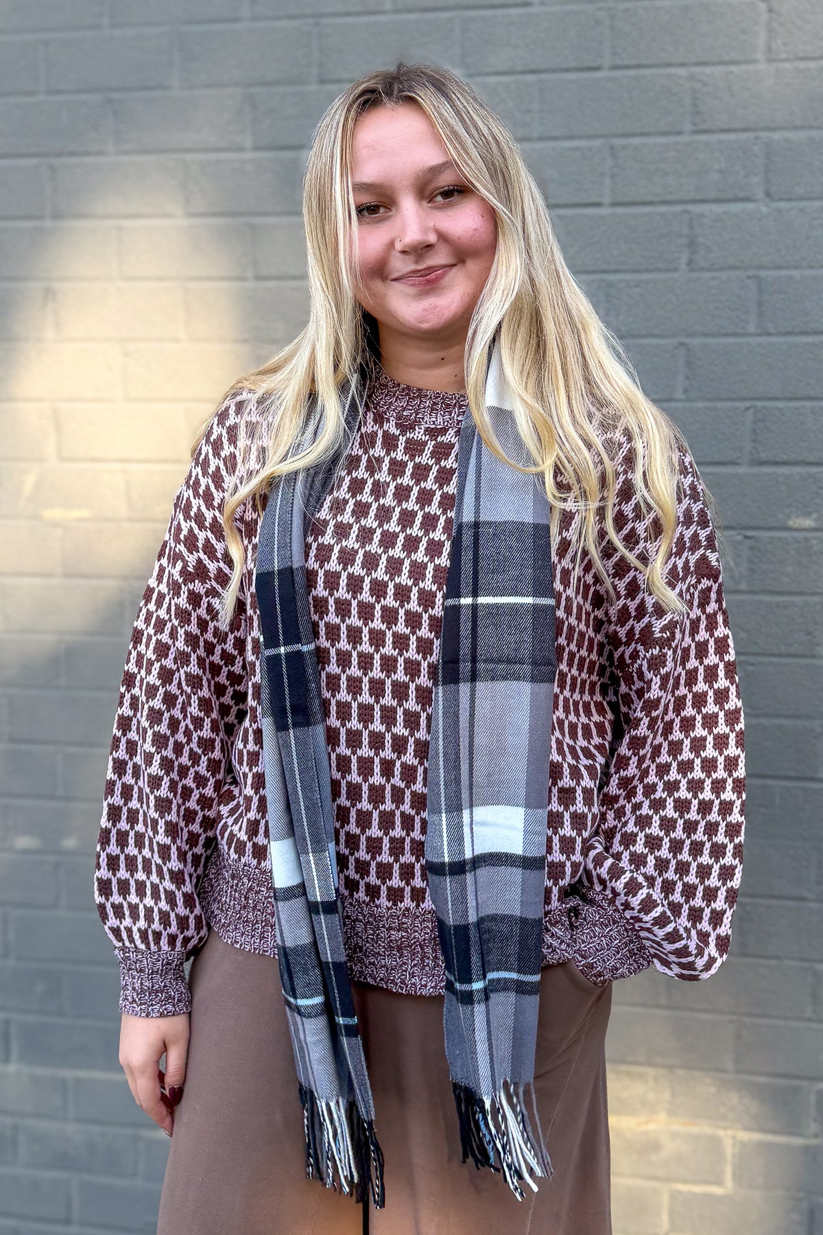 Black & Light Blue Plaid Cashmere Feel Scarf