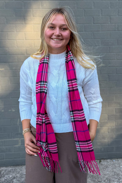 Hot Pink & Blue Plaid Cashmere Feel Scarf