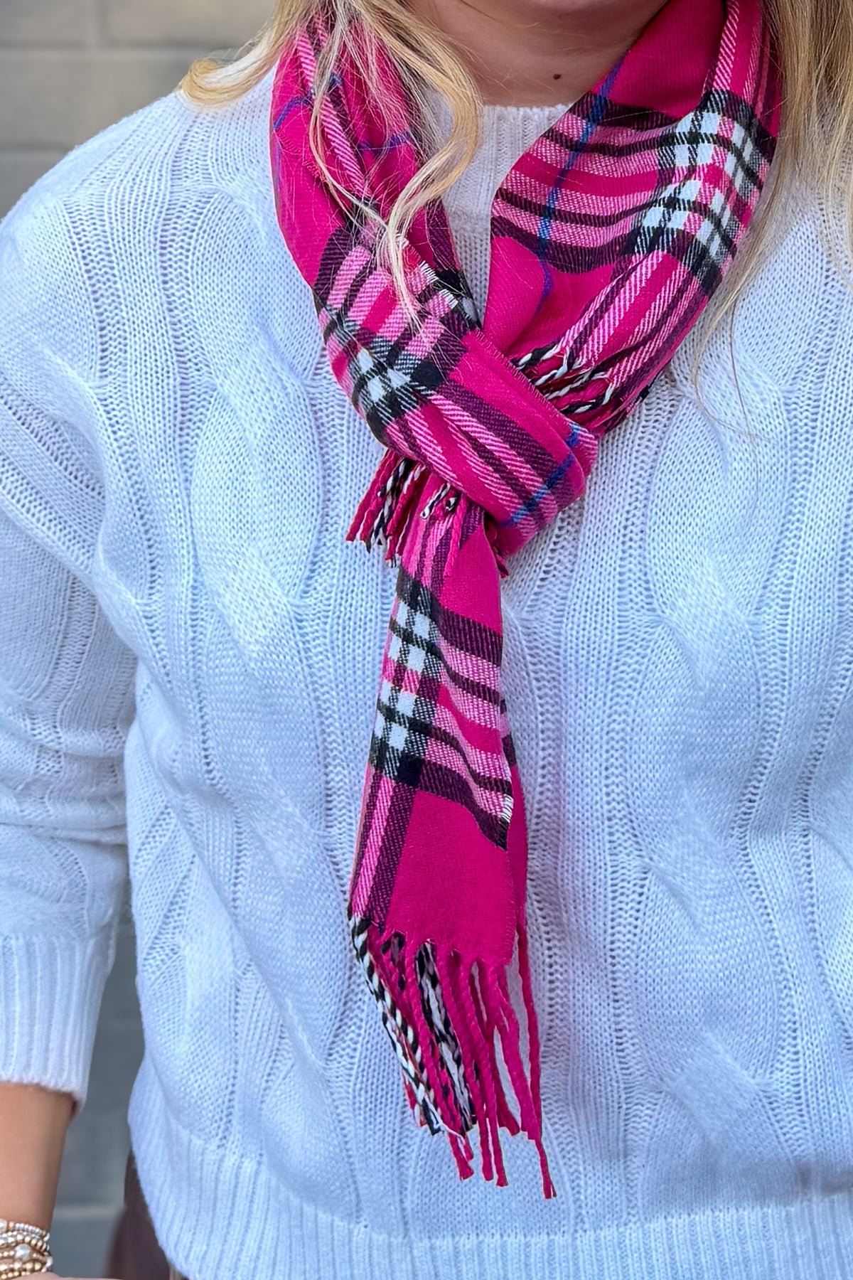 Hot Pink & Blue Plaid Cashmere Feel Scarf