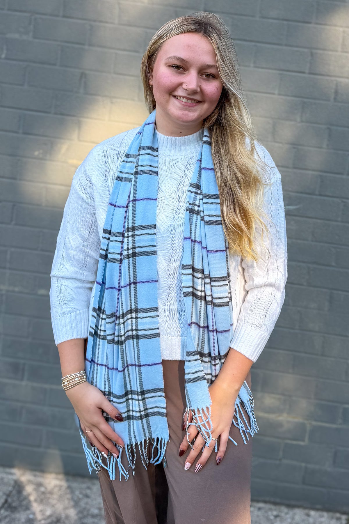 Black & Light Blue Plaid Cashmere Feel Scarf Styled