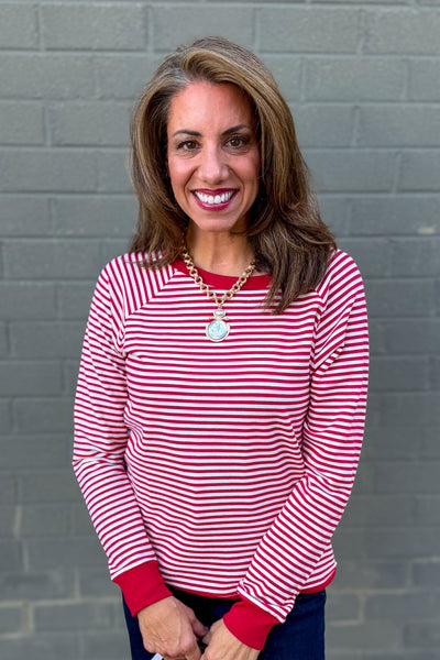 Red & Ivory Striped Terry Pullover