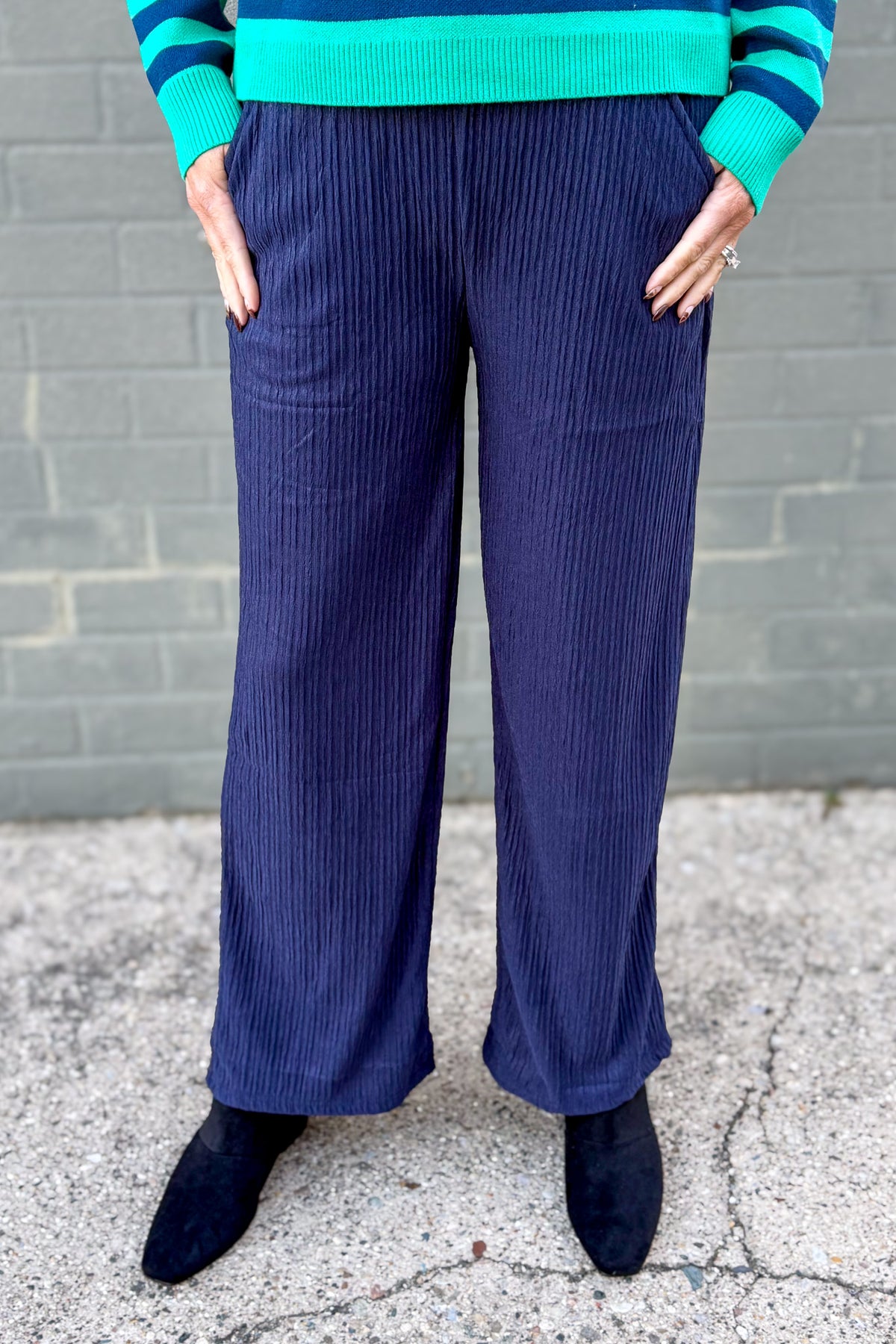 Navy Crinkle Wide Leg Pants