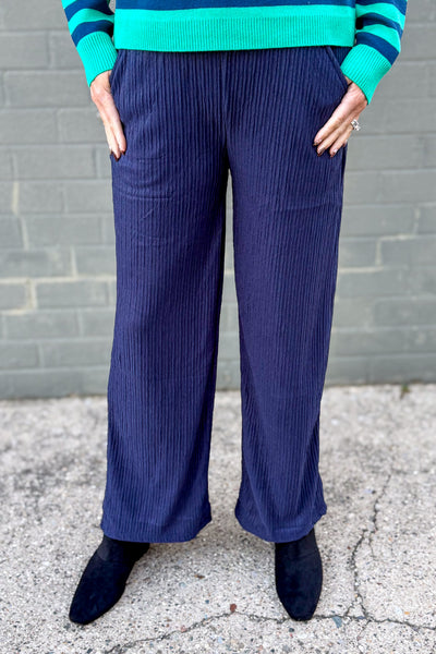 Navy Crinkle Wide Leg Pants