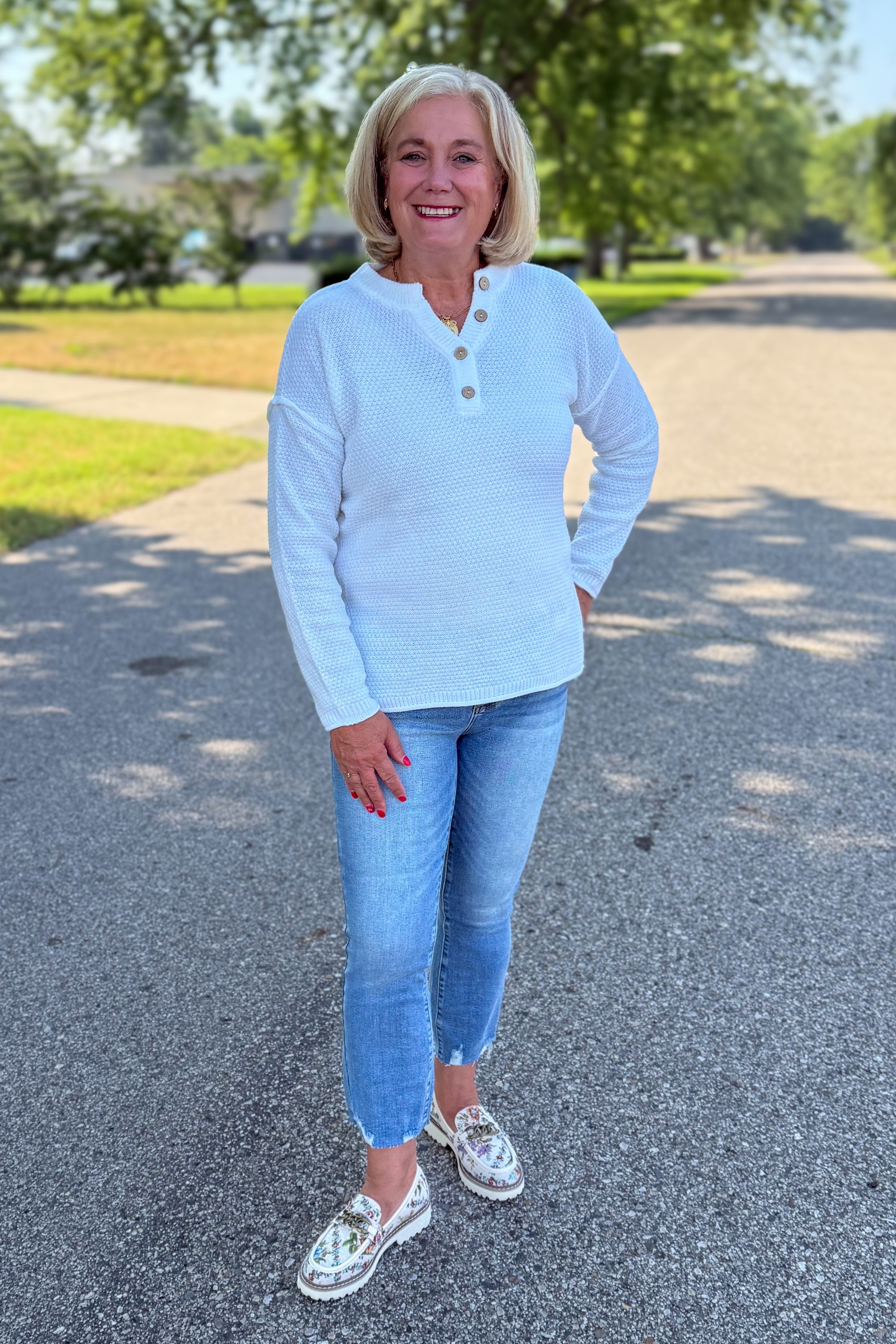 Ivory Button Henley Basic Sweater