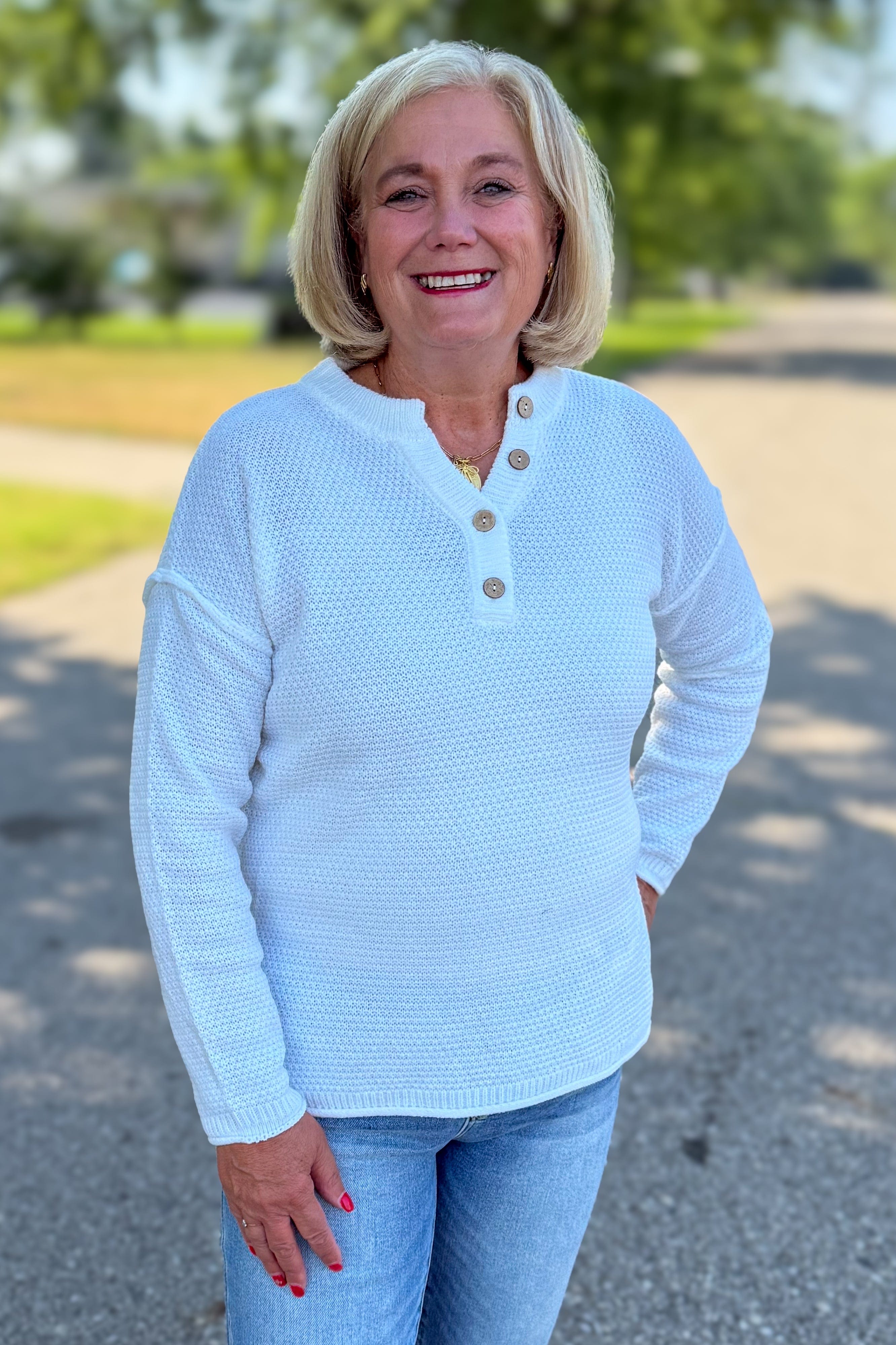Ivory Button Henley Basic Sweater