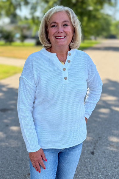 Ivory Button Henley Basic Sweater