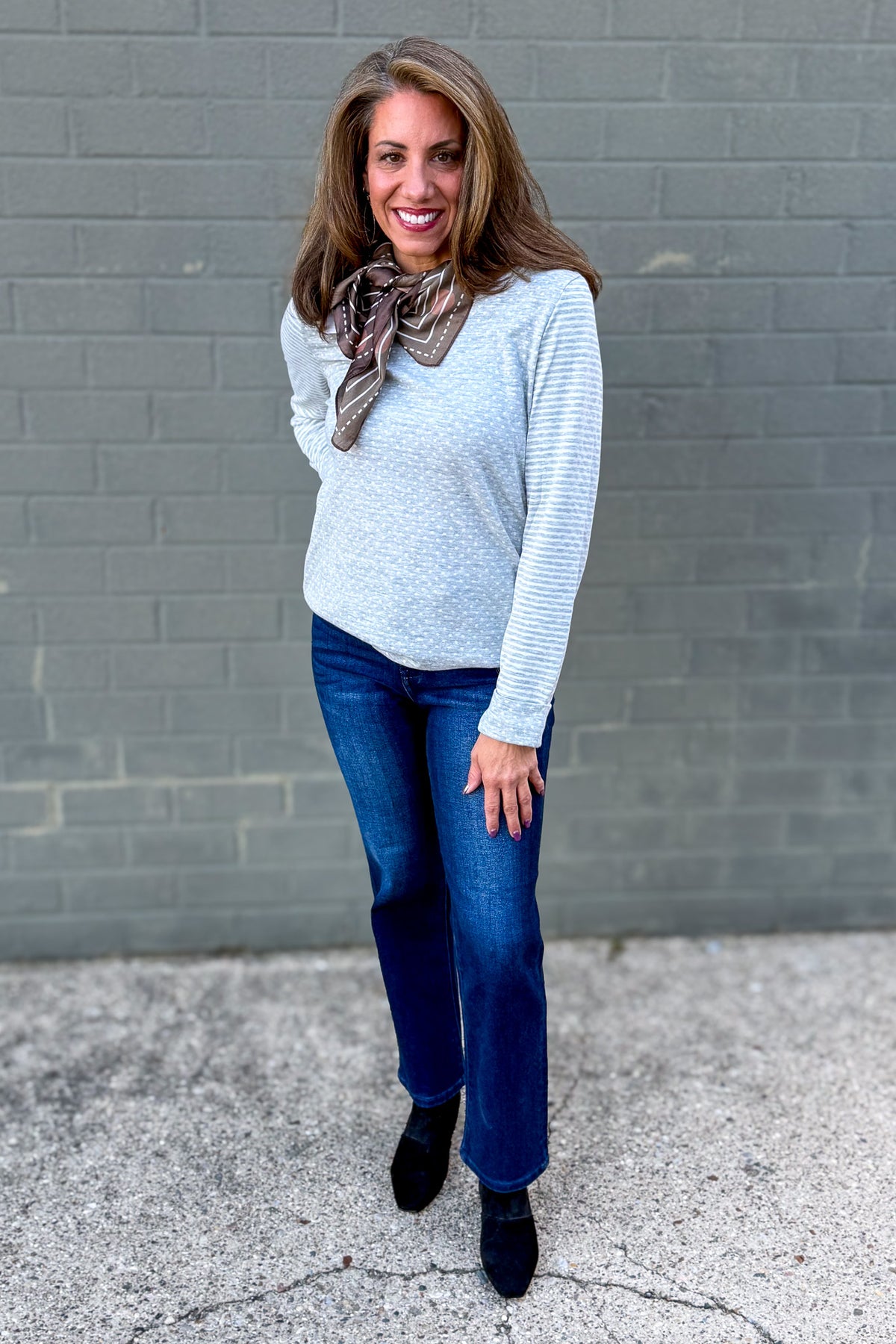 Heather Grey Polka Dot & Stripe Mix Top Styled