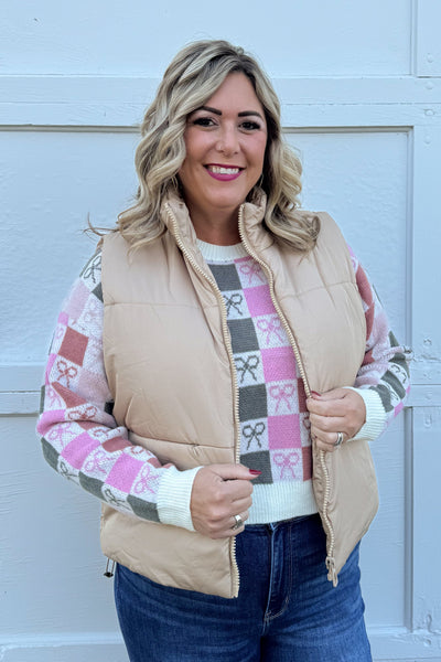 Beige Zoey Cropped Puffer Vest