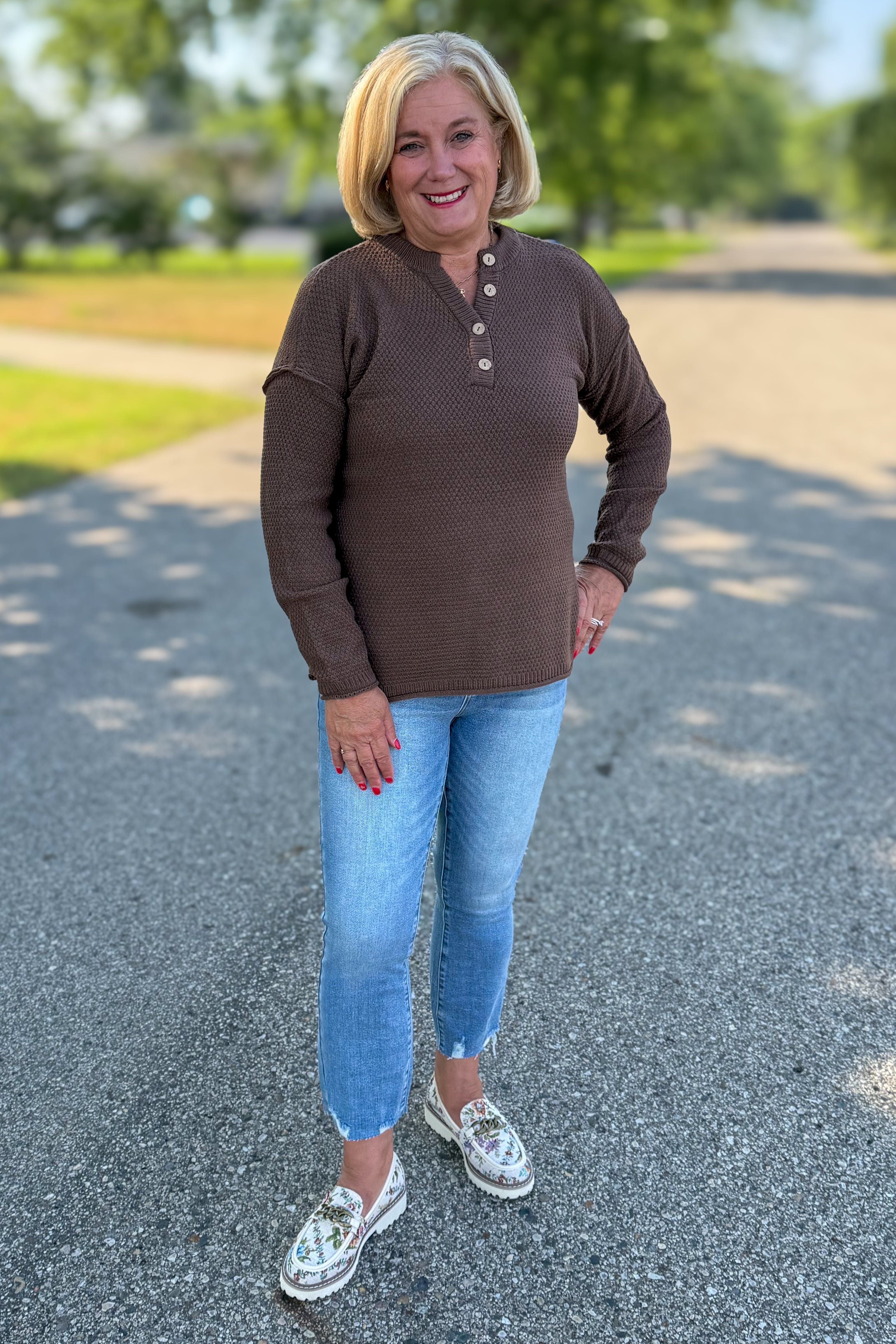 Brown Button Henley Basic Sweater