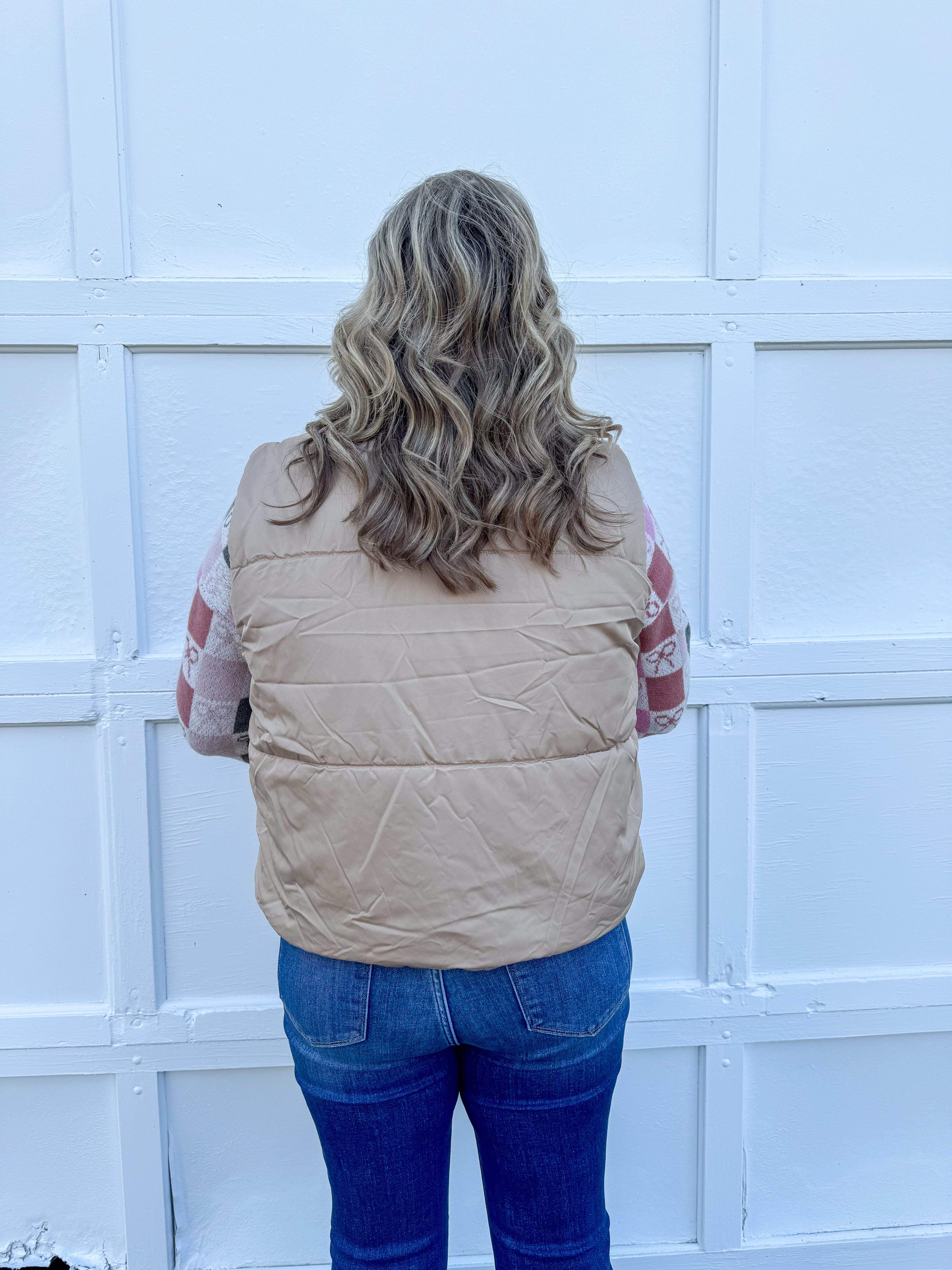 Beige Zoey Cropped Puffer Vest back