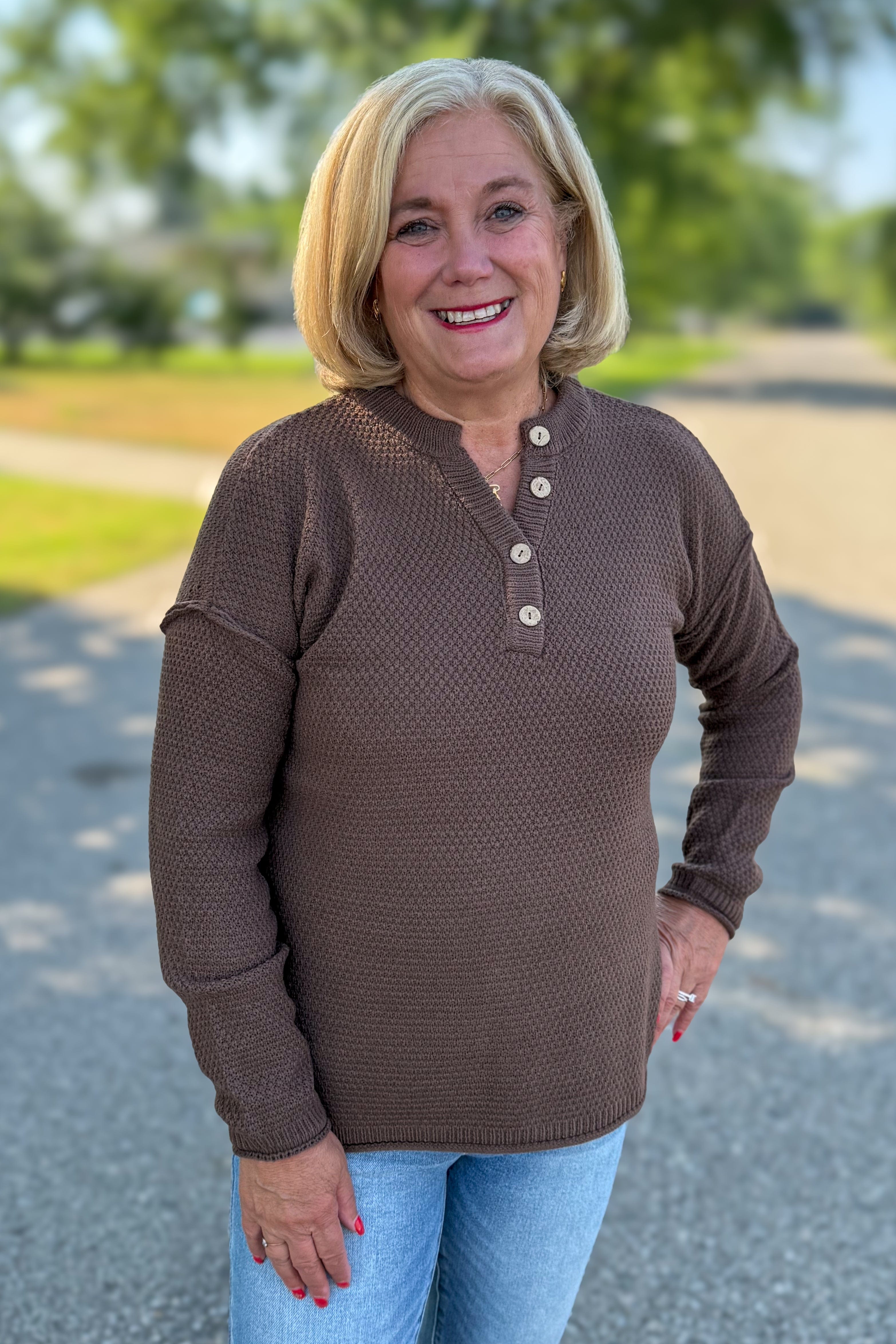 Brown Button Henley Basic Sweater