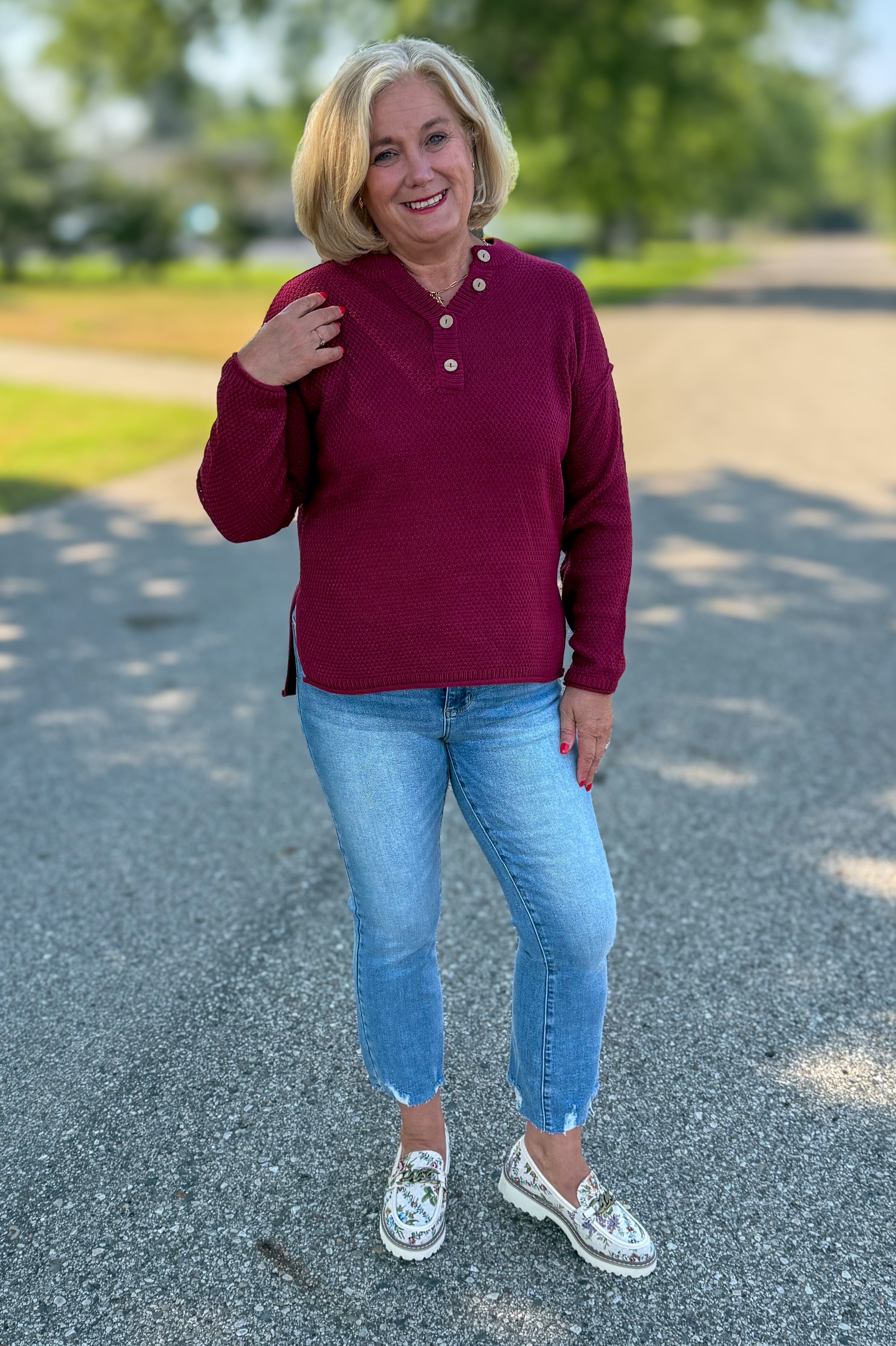 Cabernet Button Henley Basic Sweater