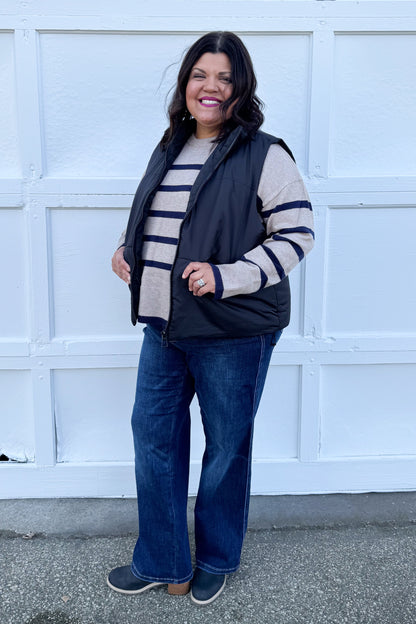 Light Mocha Striped Sweater styled with vest