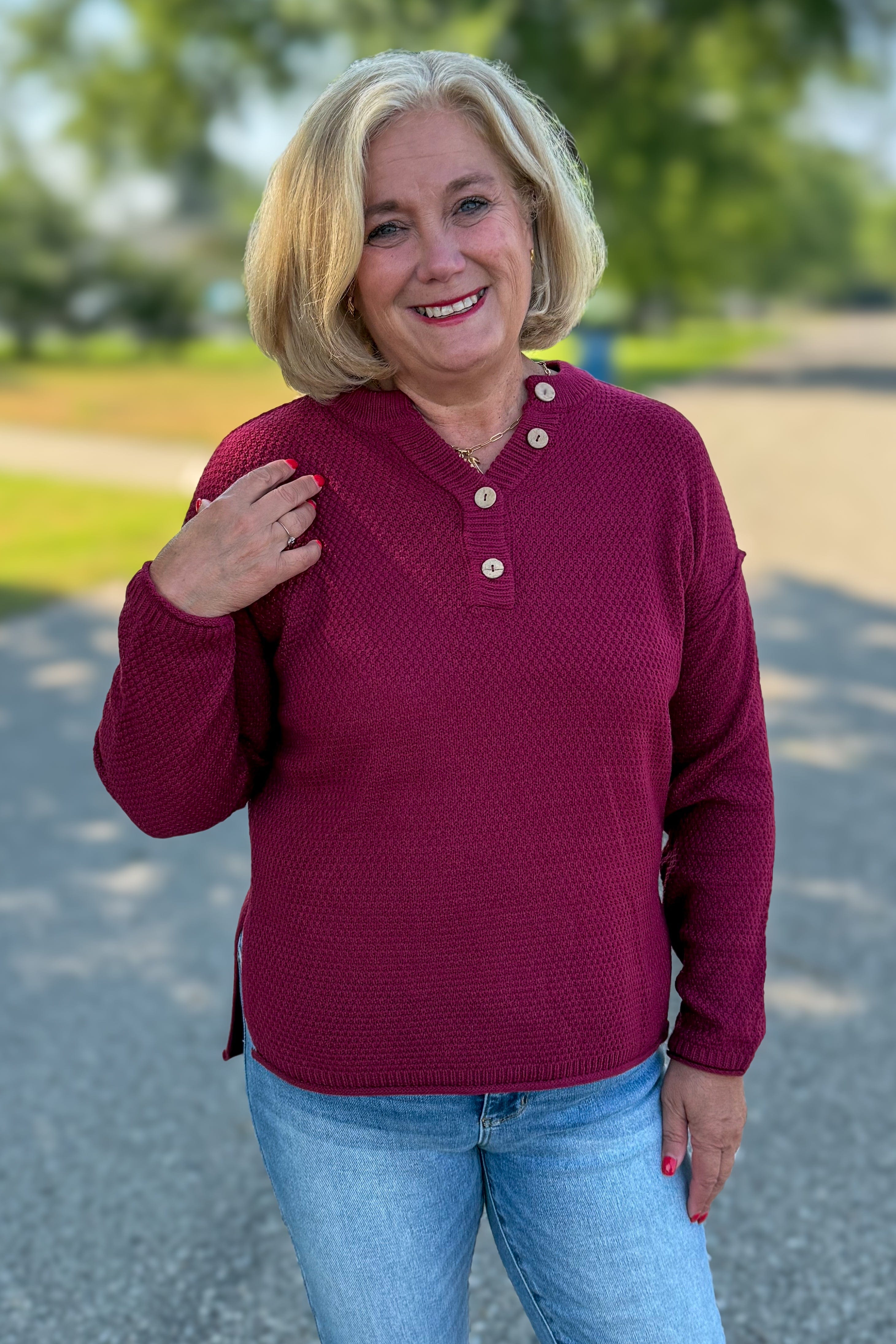 Cabernet Button Henley Basic Sweater