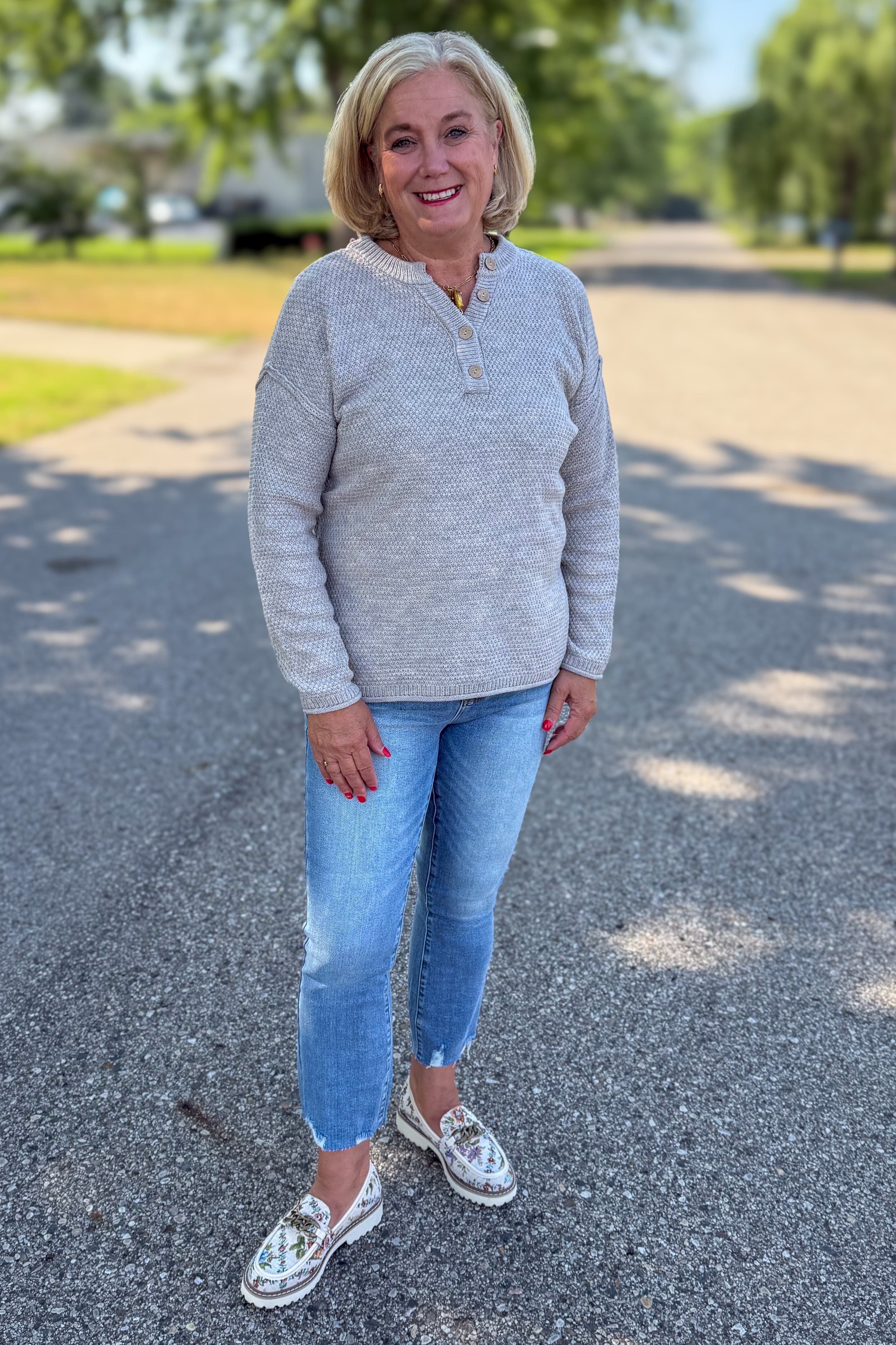 Heather Beige Button Henley Basic Sweater