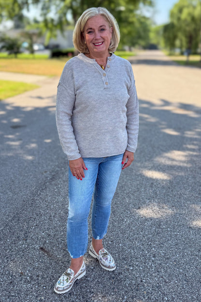 Heather Beige Button Henley Basic Sweater