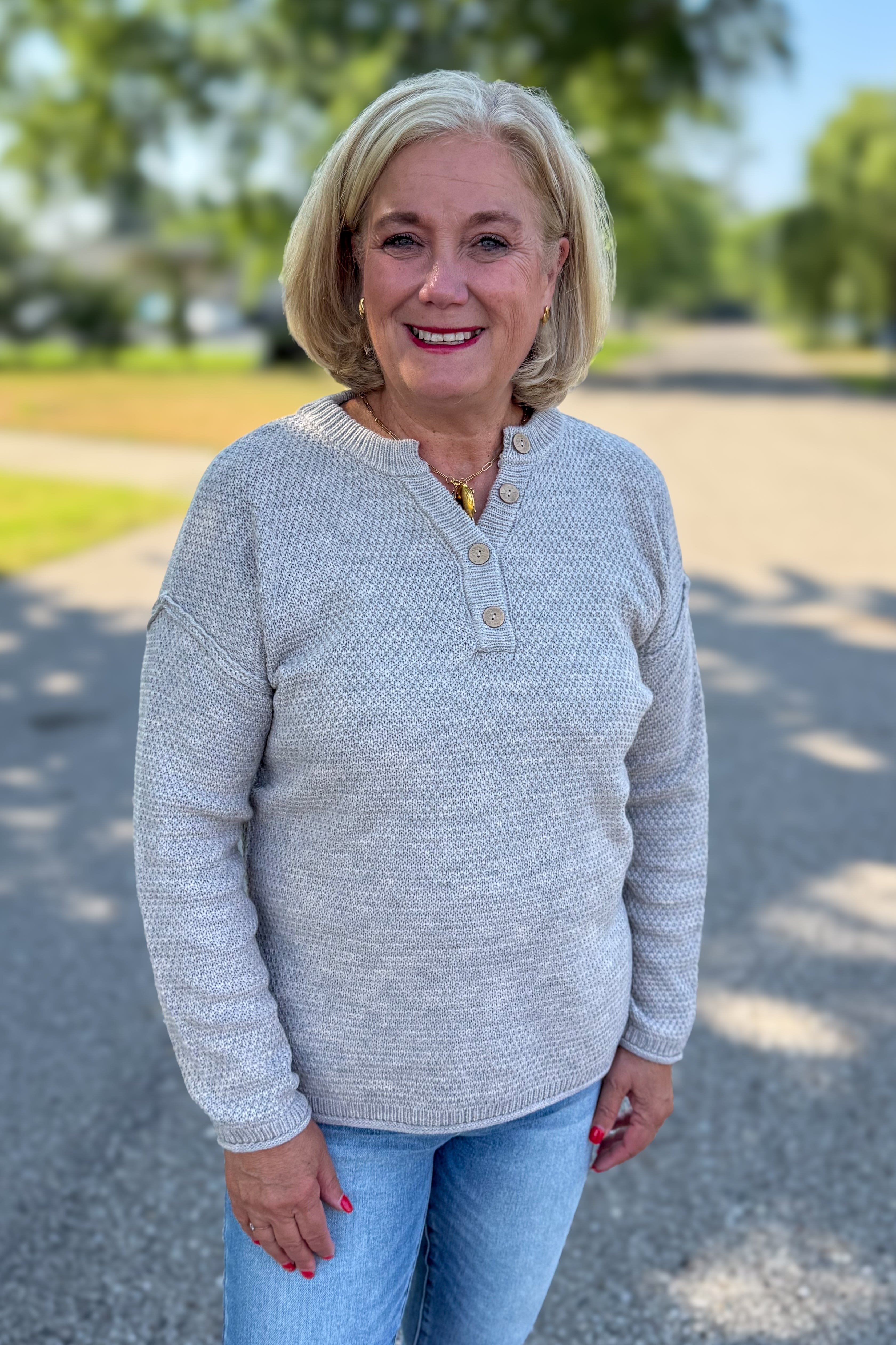 Heather Beige Button Henley Basic Sweater