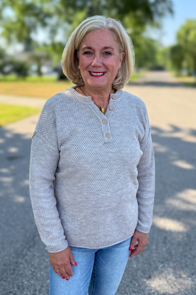 Heather Beige Button Henley Basic Sweater