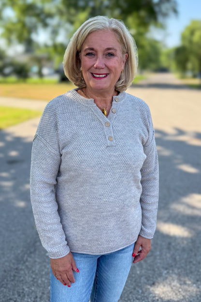 Heather Beige Button Henley Basic Sweater