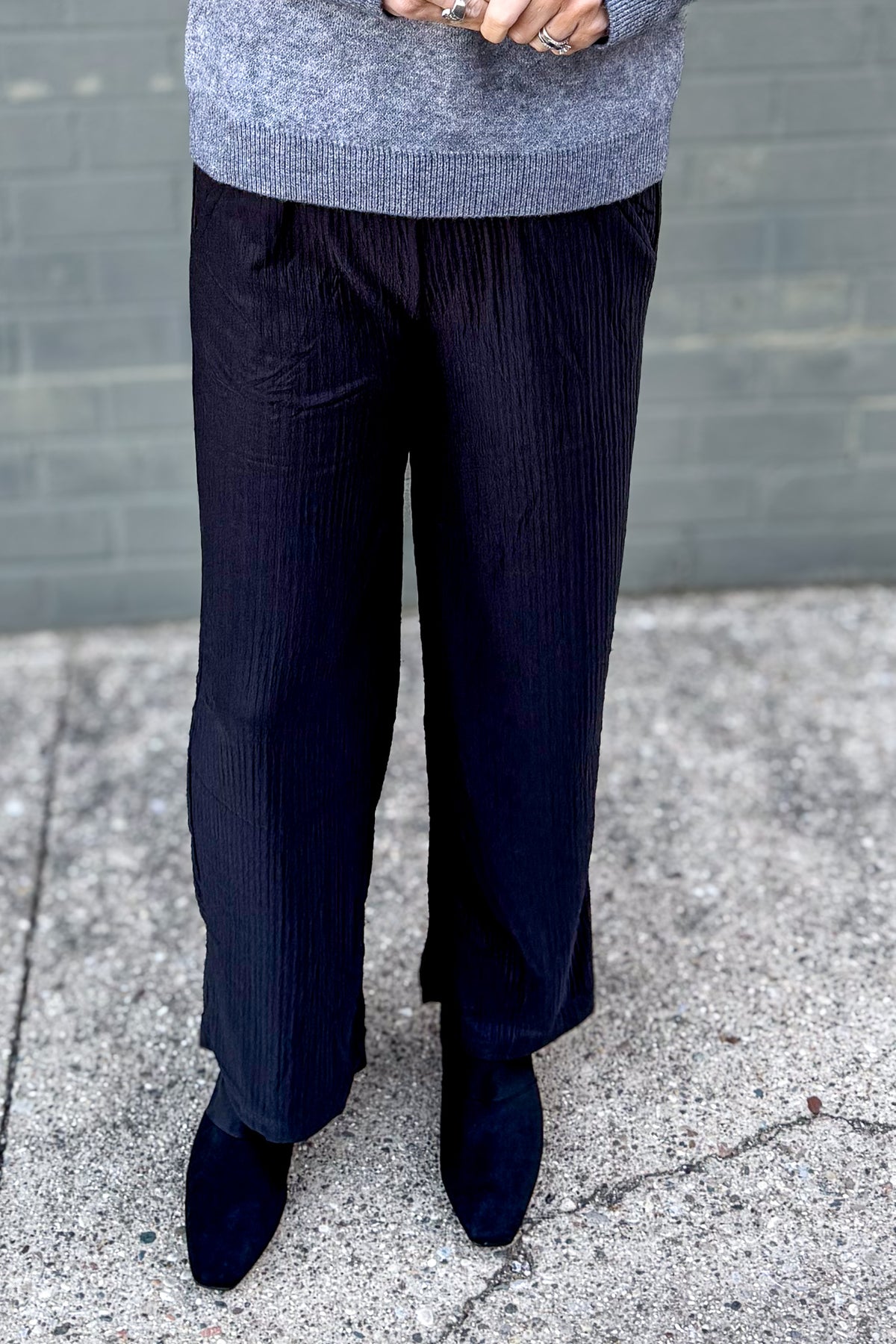 Black Crinkle Wide Leg Pants