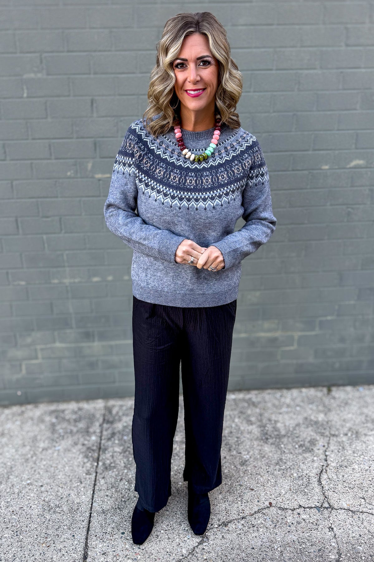 Charcoal Fairisle Knit Sweater Styled