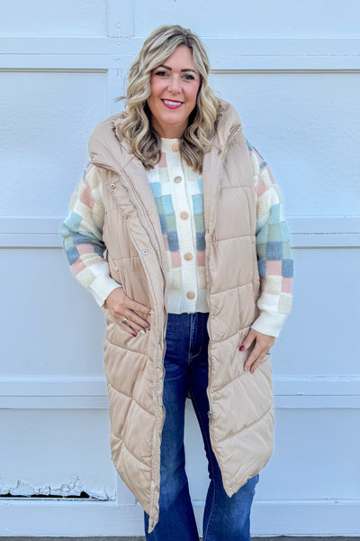 Soft Hued Checkered Button Cardigan styled with vest