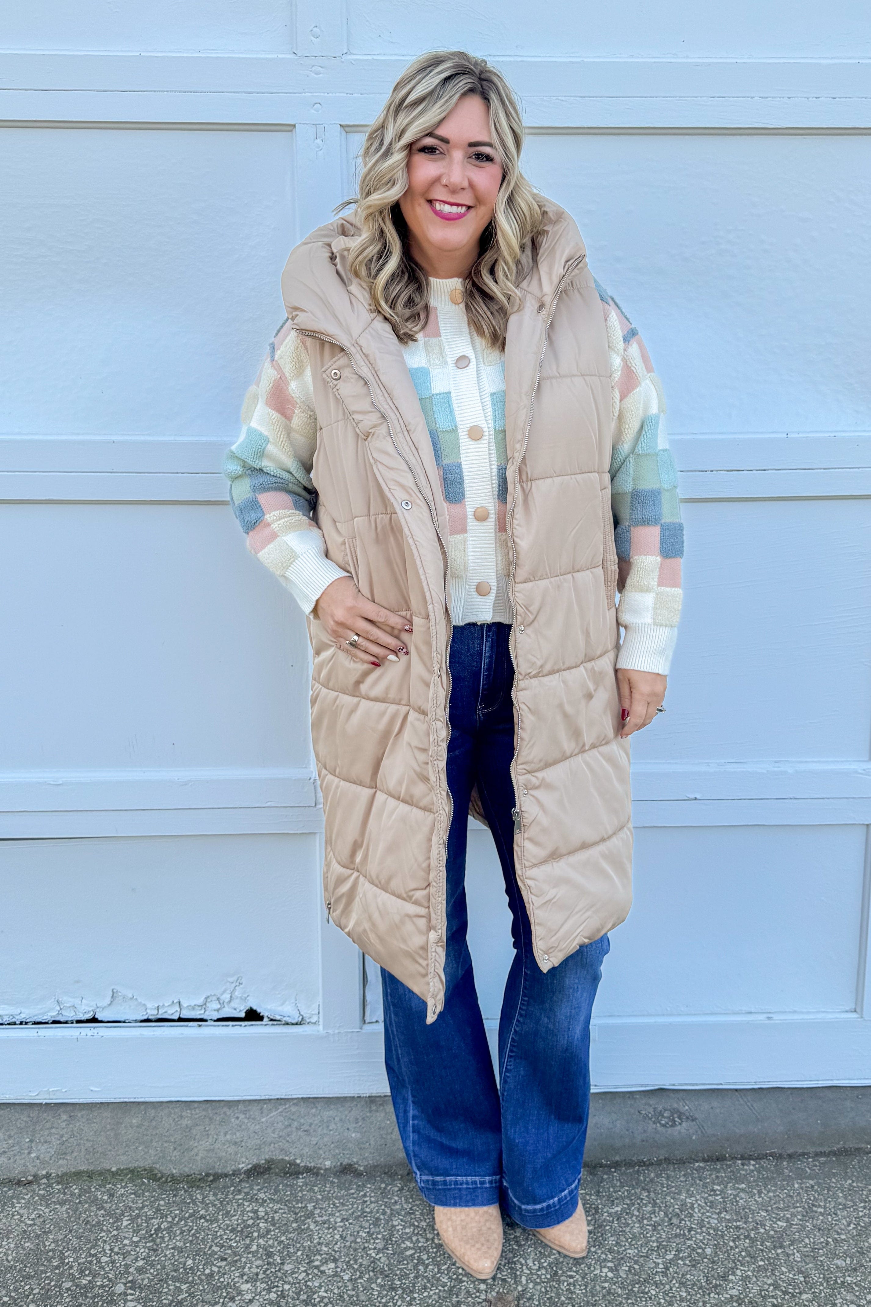 Beige Long Puffer Vest styled