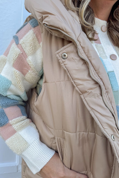 Beige Long Puffer Vest detail