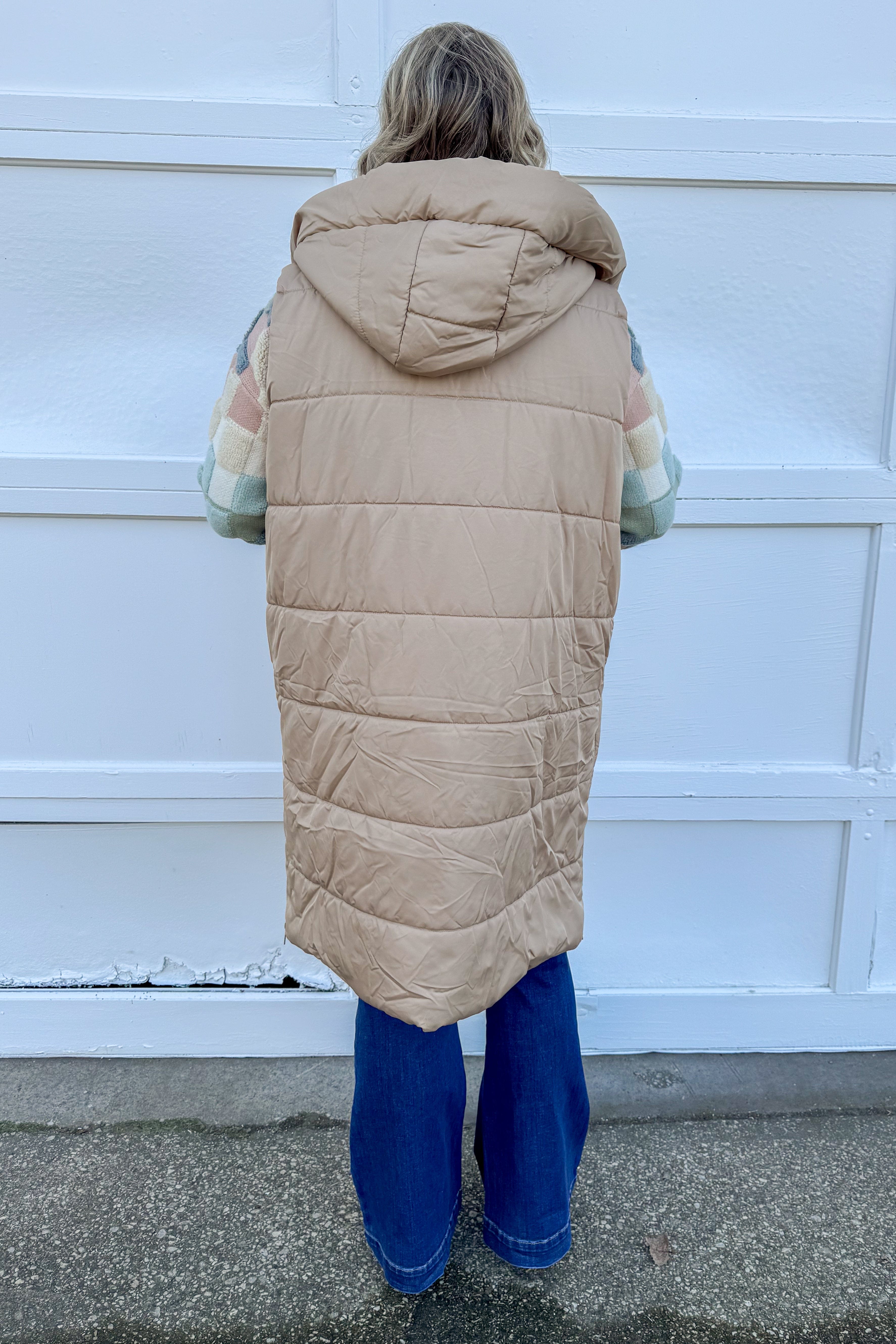 Beige Long Puffer Vest back