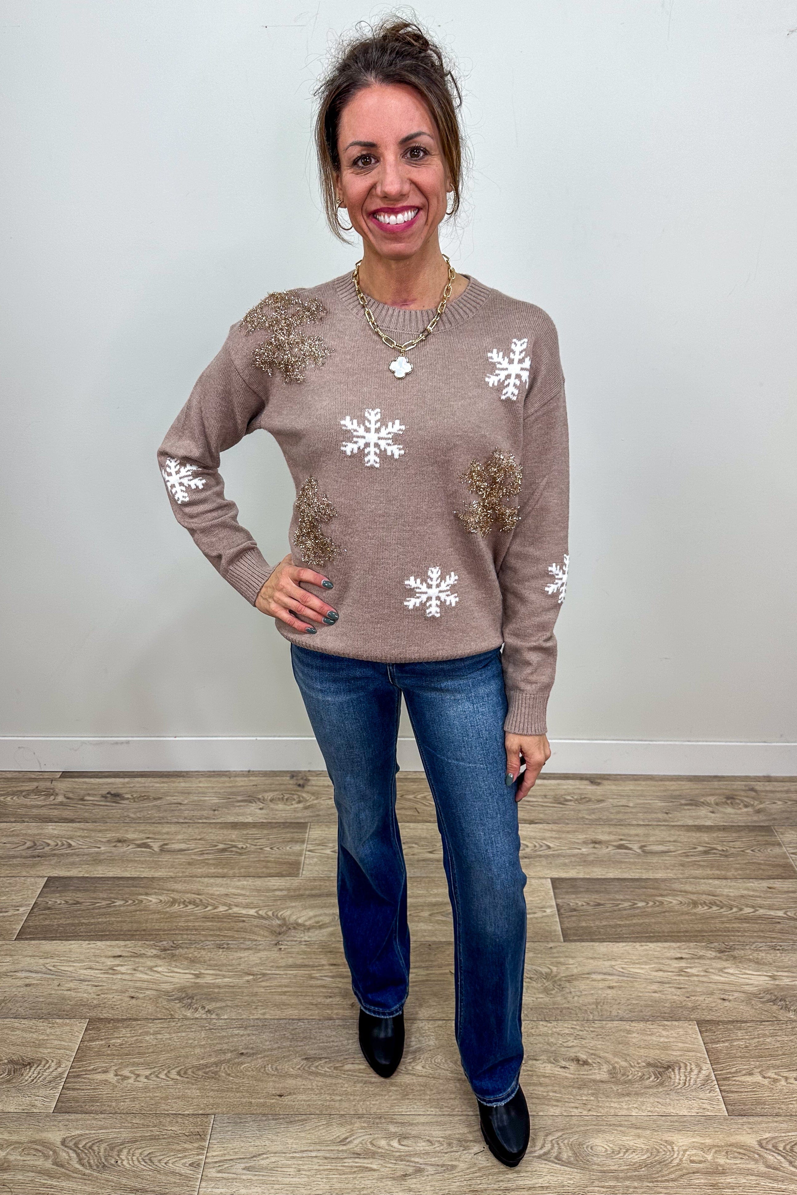 Mocha Sweater with Snowflakes styled