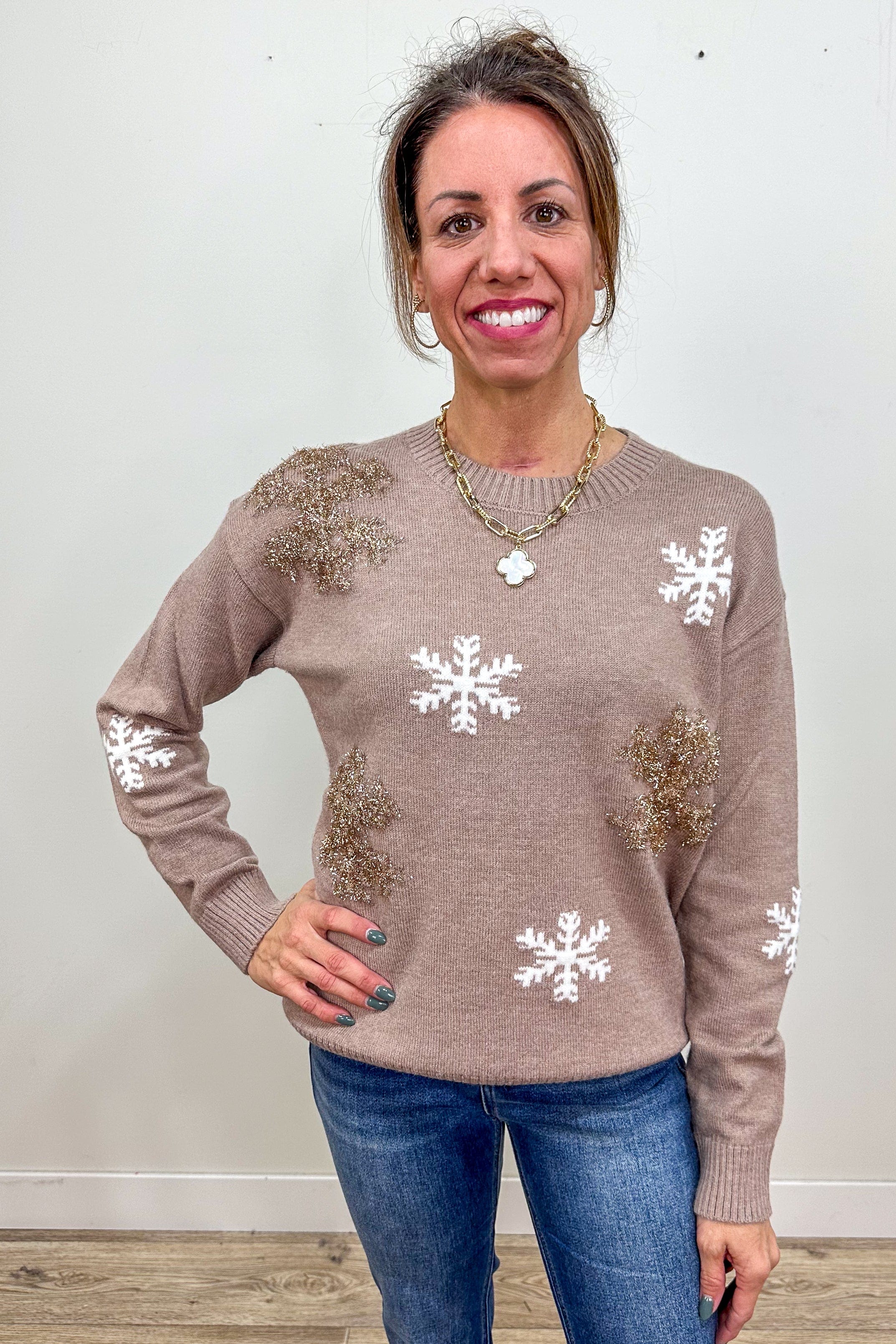 Mocha Sweater with Snowflakes