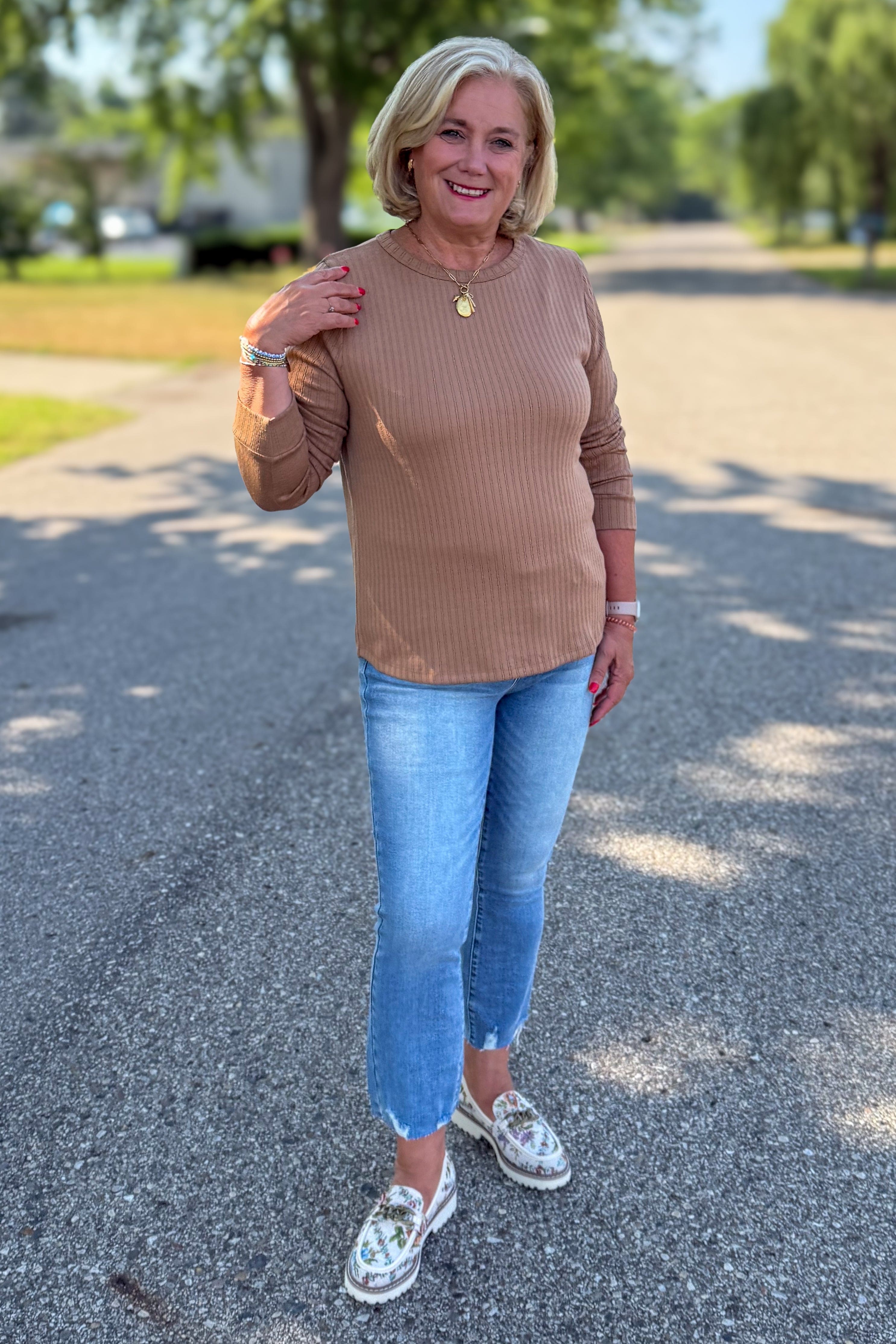 Caramel Pointelle Knit Top styled