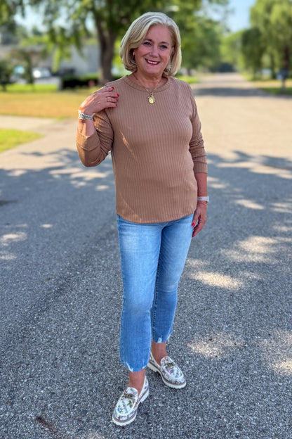Caramel Pointelle Knit Top styled