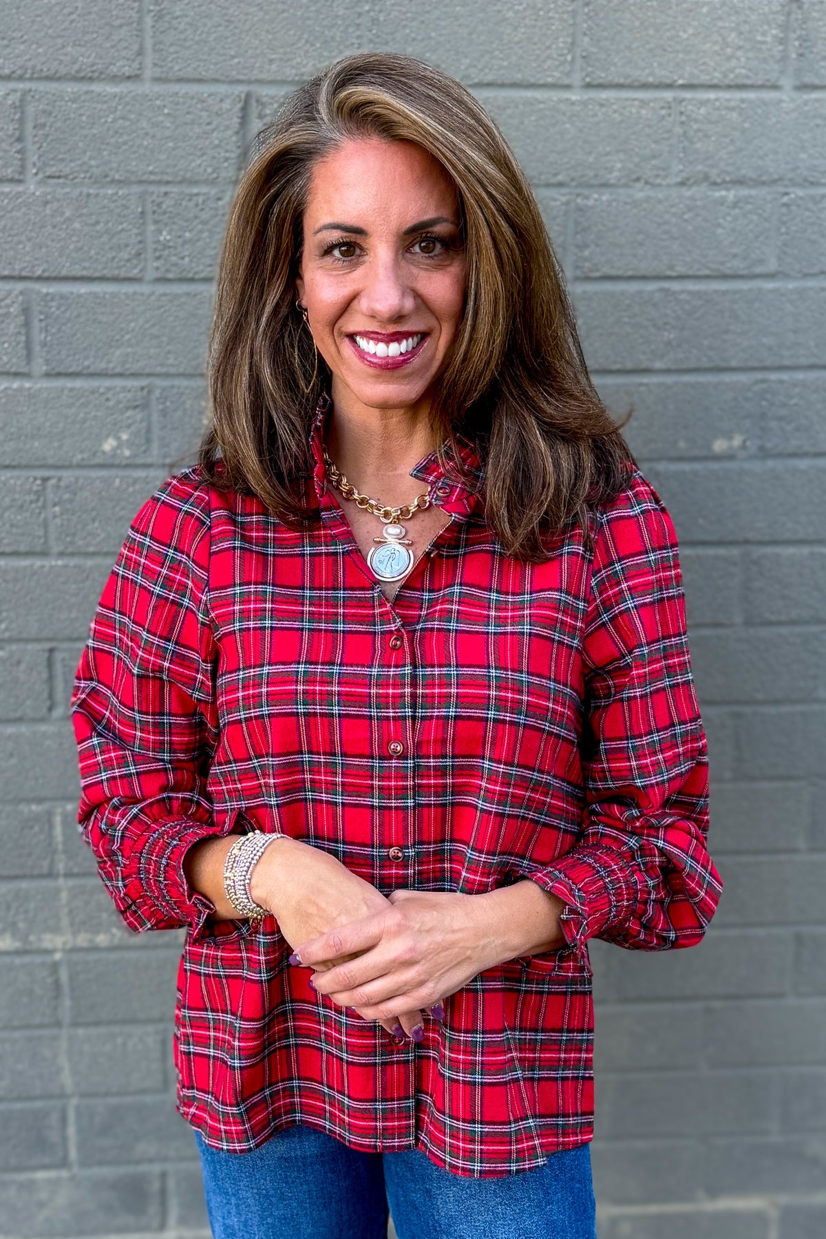 Red Plaid Ruffled High Collar Button Down Blouse