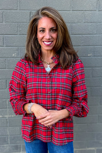 Red Plaid Ruffled High Collar Button Down Blouse