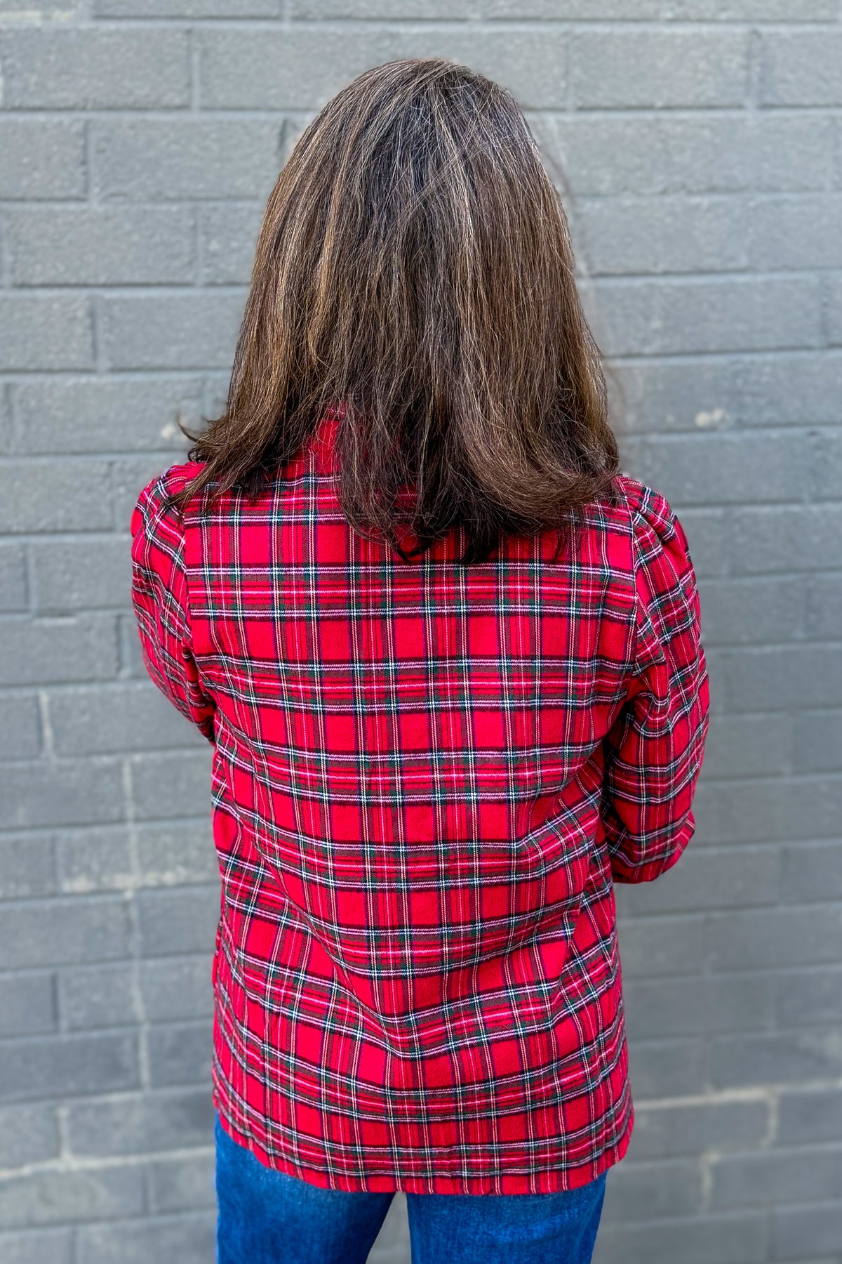Red Plaid Ruffled High Collar Button Down Blouse Back