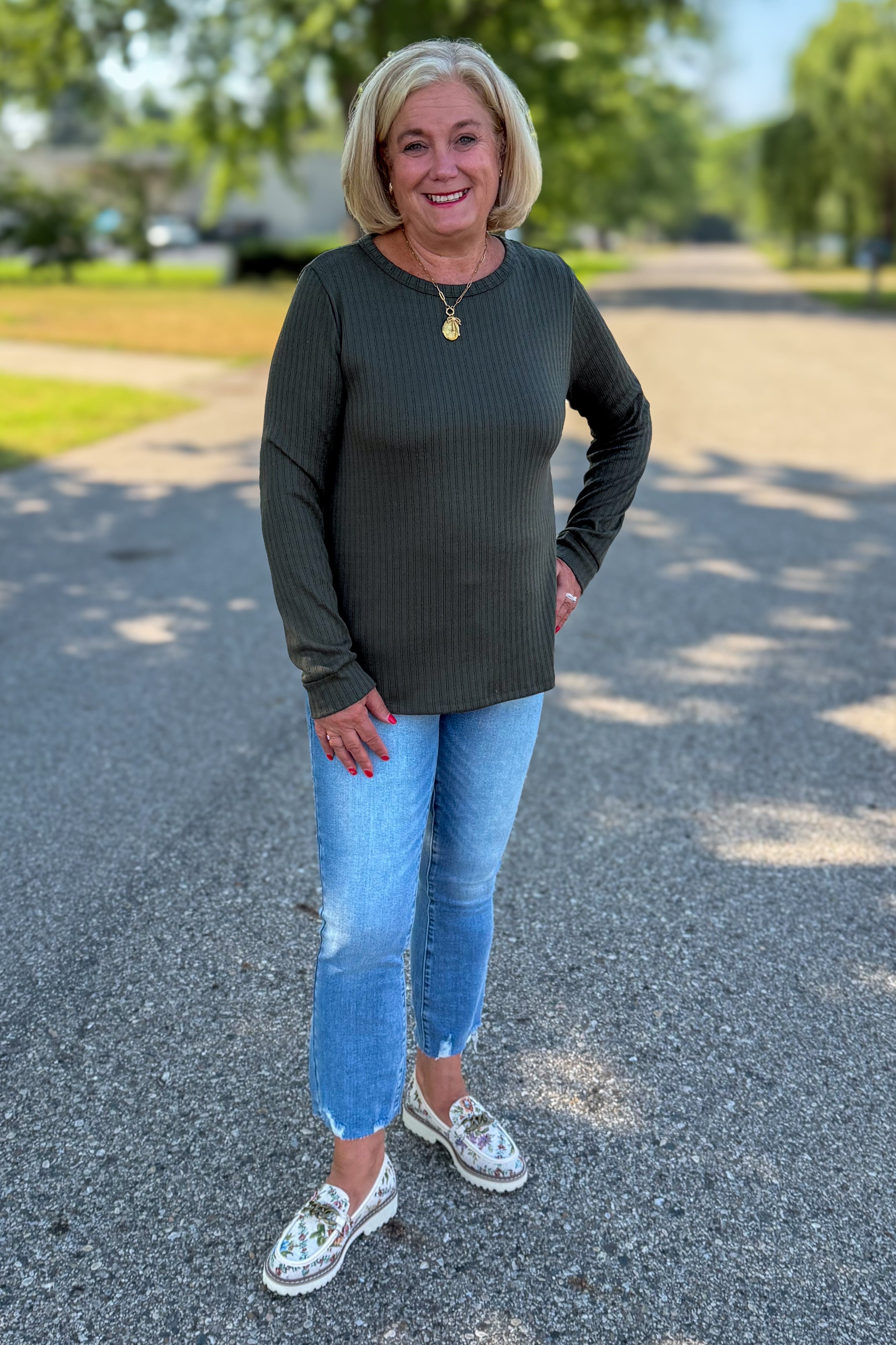 Olive Pointelle Knit Top sty;led