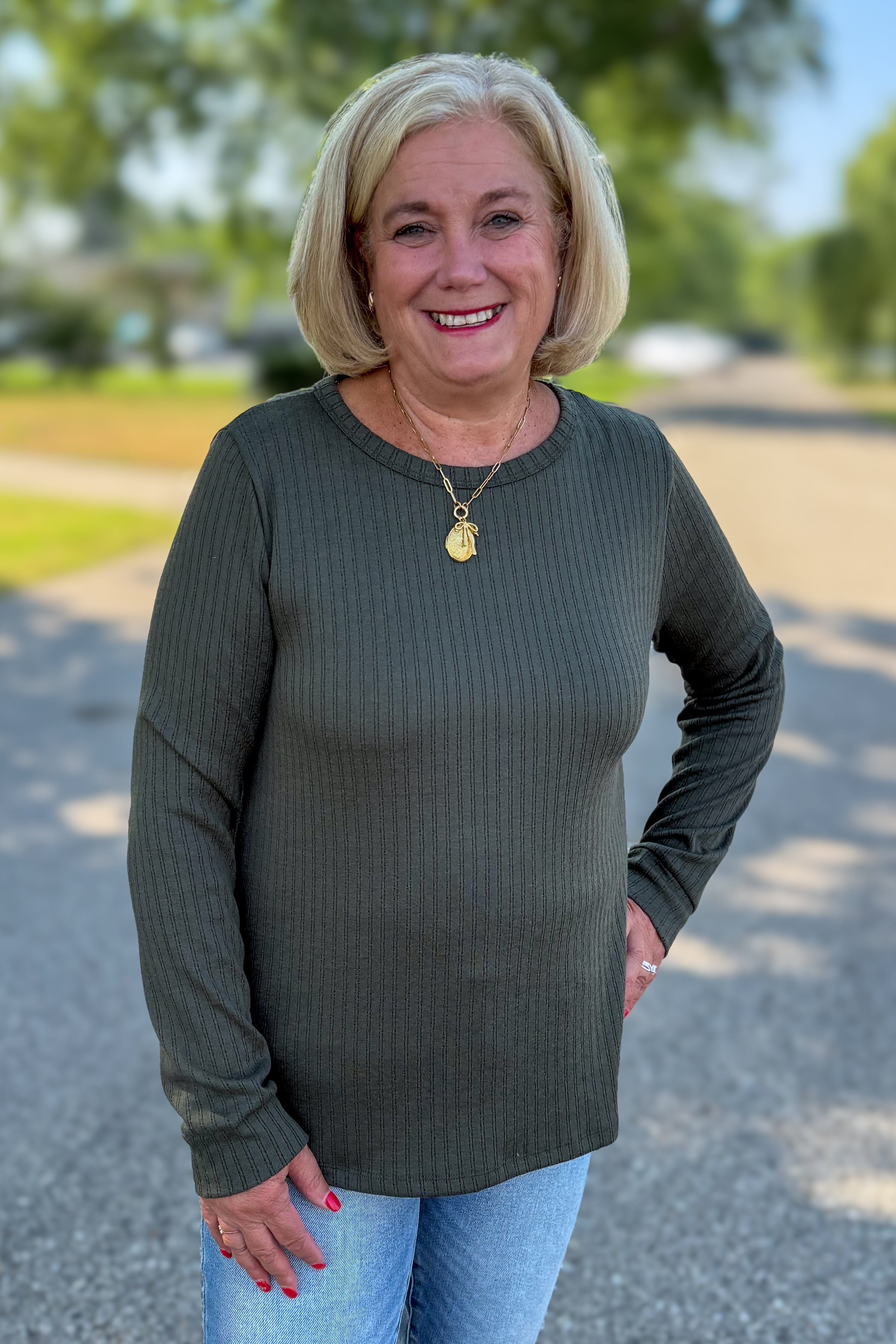 Olive Pointelle Knit Top