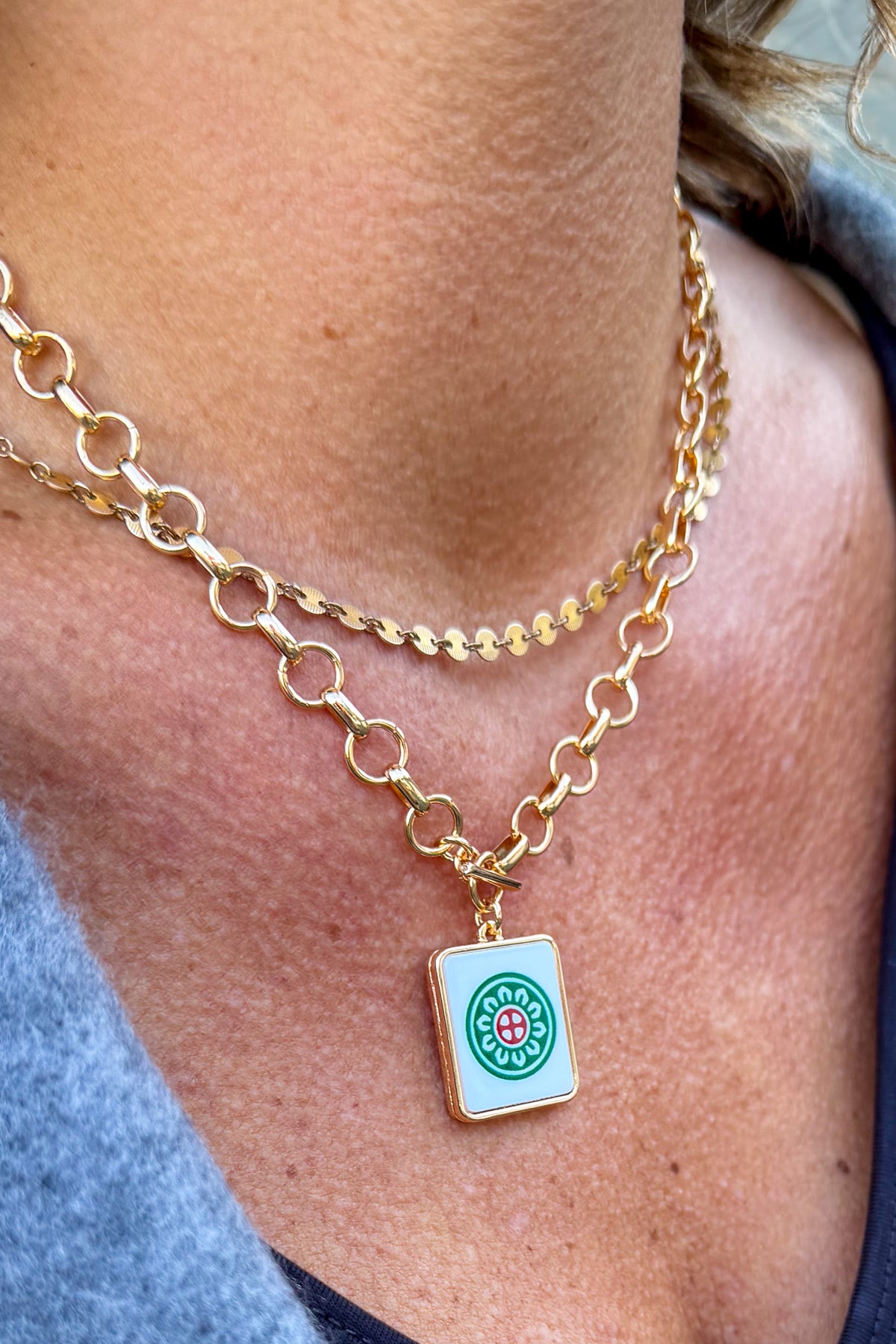 Gold Link Toggle Flower Tile Mahjong Necklace