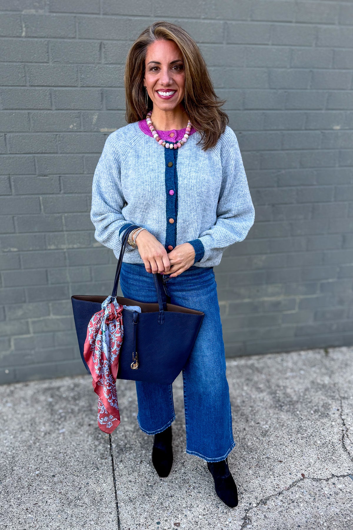 Heather Grey Color Trimmed Cardigan Styled