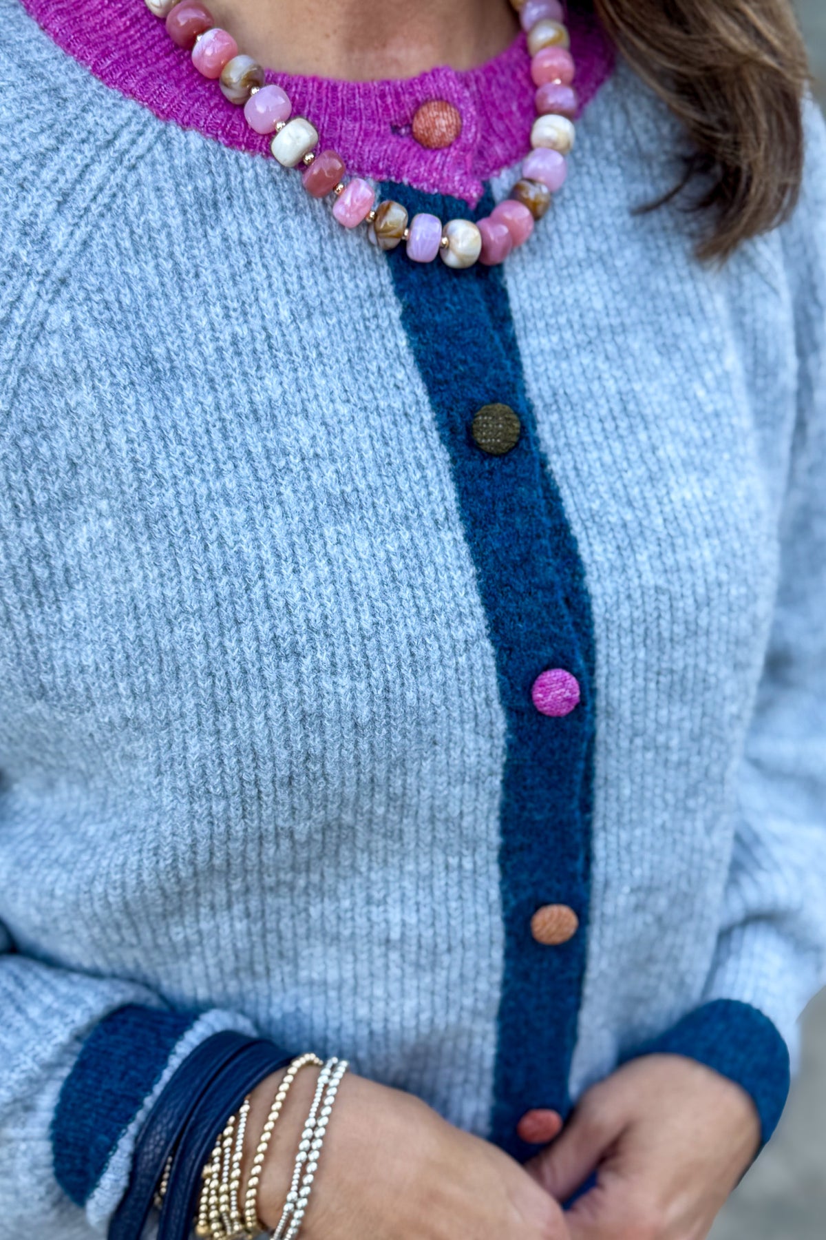 Heather Grey Color Trimmed Cardigan Detailed