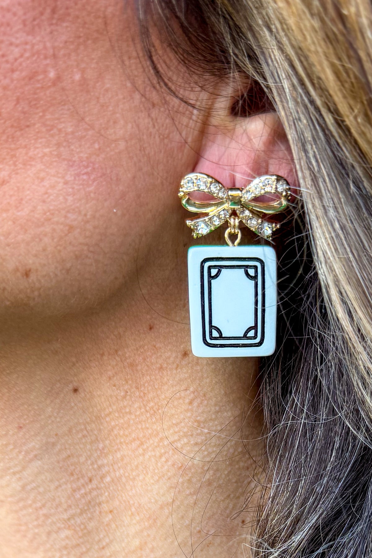 Gold Crystal Bow Tile Mahjong Earring