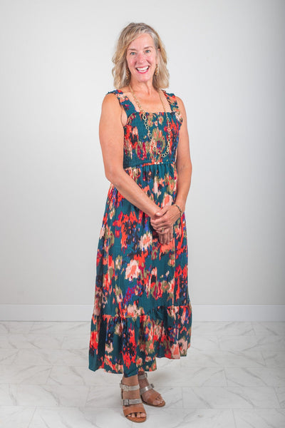 Green Abstract Pattern Smocked Dress