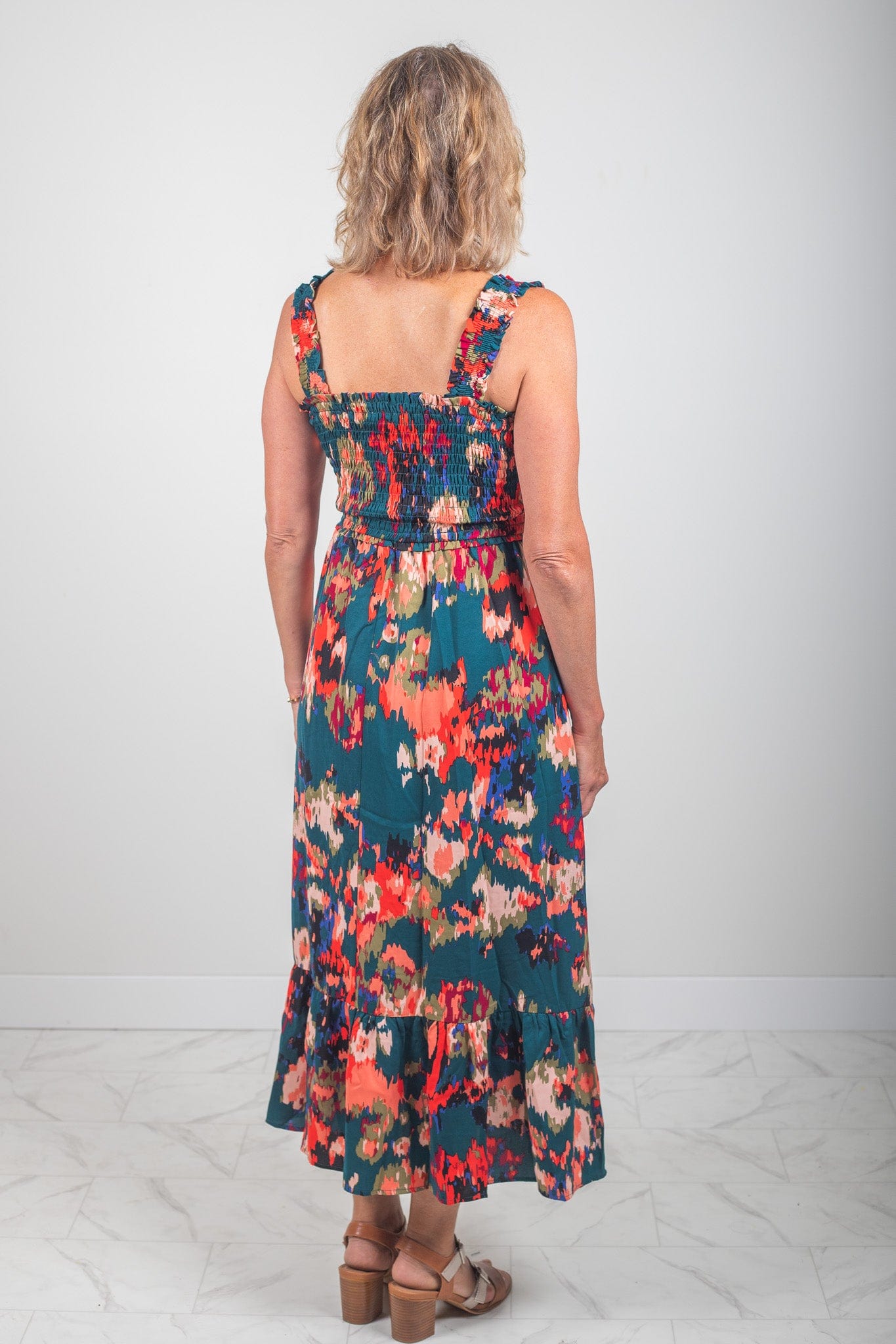 Green Abstract Pattern Smocked Dress