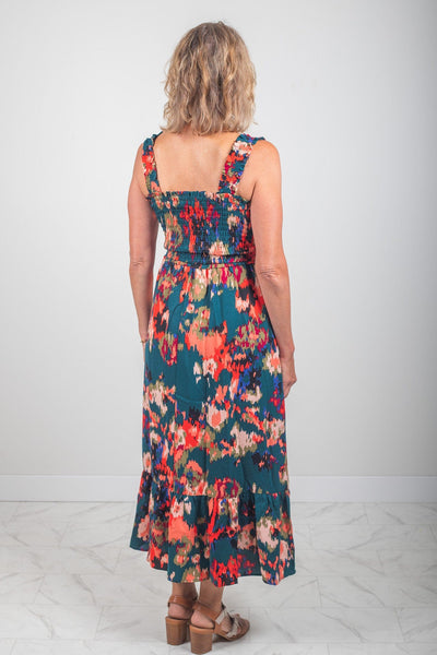 Green Abstract Pattern Smocked Dress